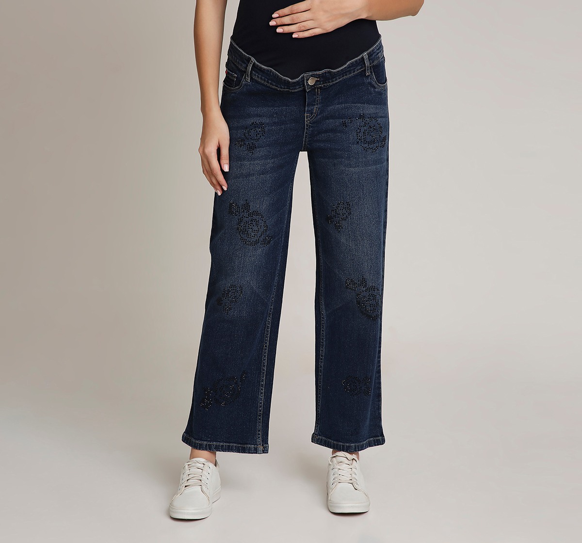 Ed-a-Mamma Floral Stickon Stud Maternity Jean -Dk Blue