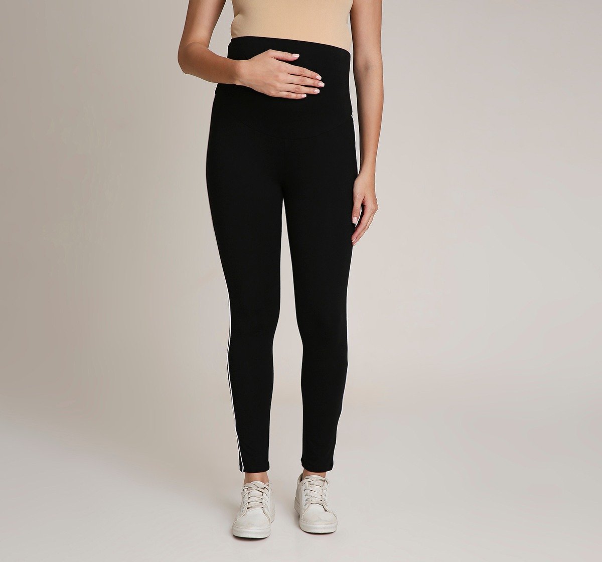 Ed-a-Mamma Maternity leggings with white stripe detailing -Black