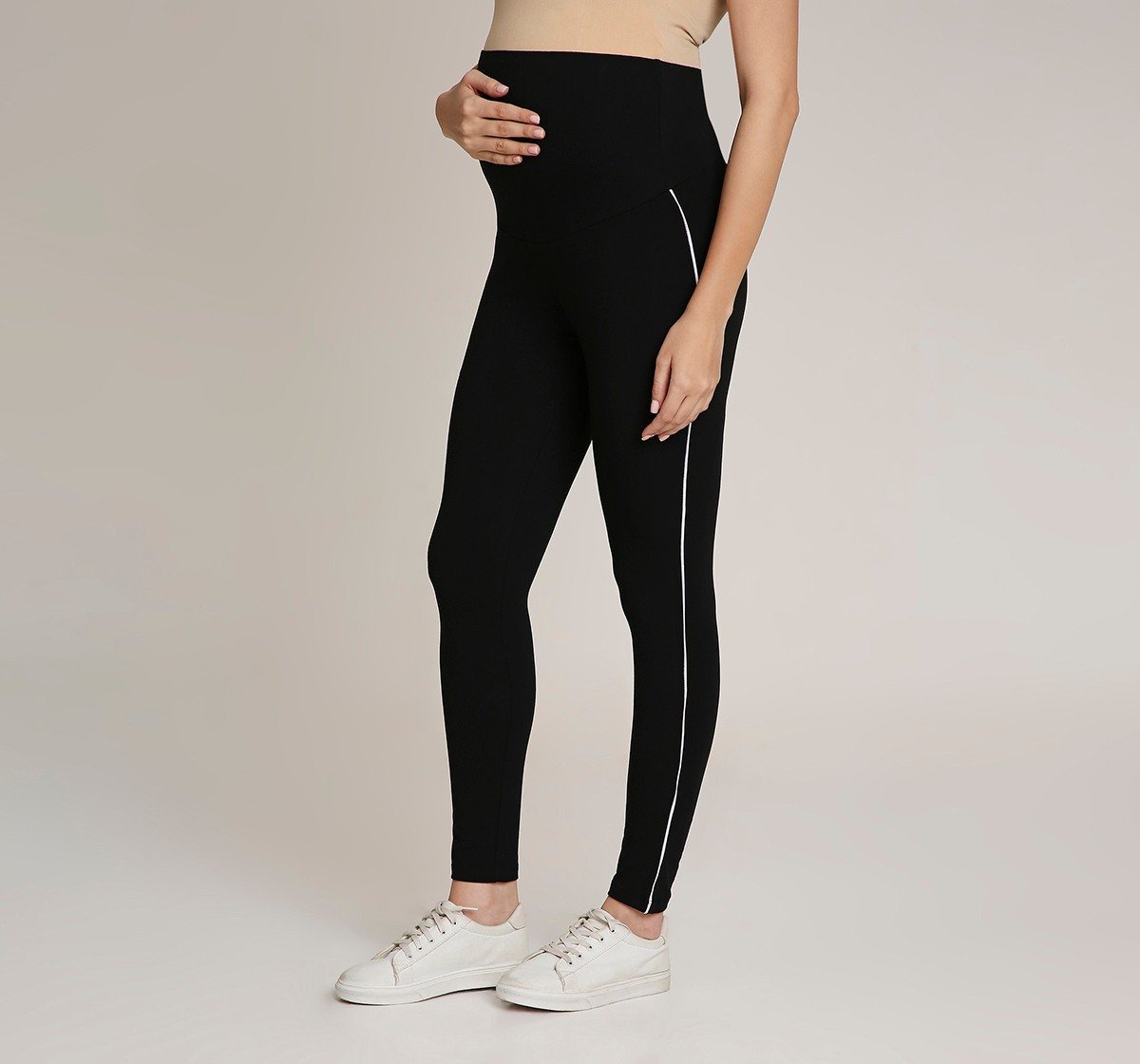Ed-a-Mamma Maternity leggings with white stripe detailing -Black