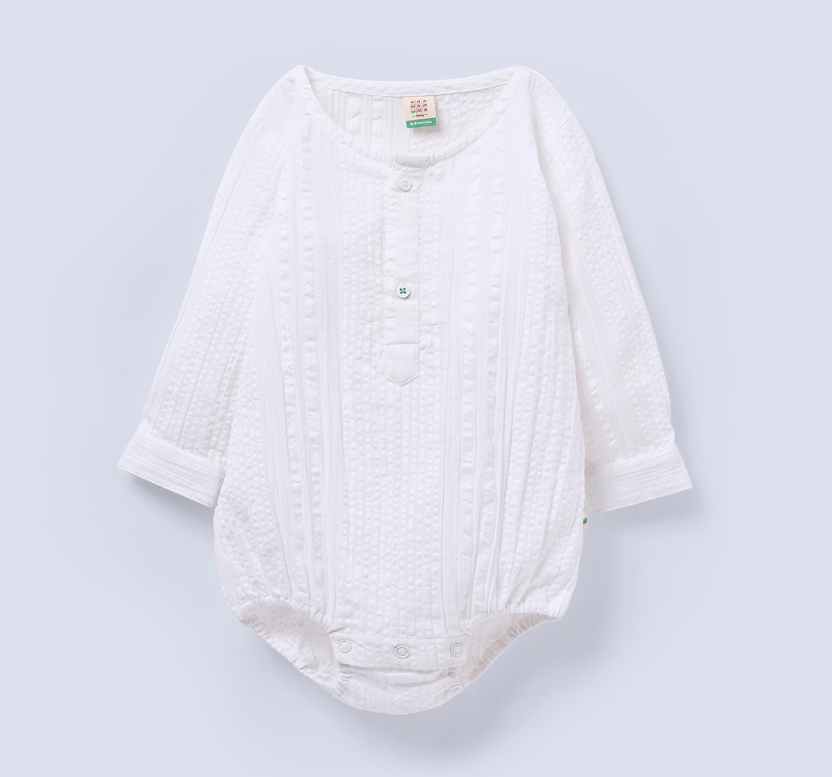 Ed-a-Mamma Infant Boys White Cotton Textured Romper with Front Button Closure