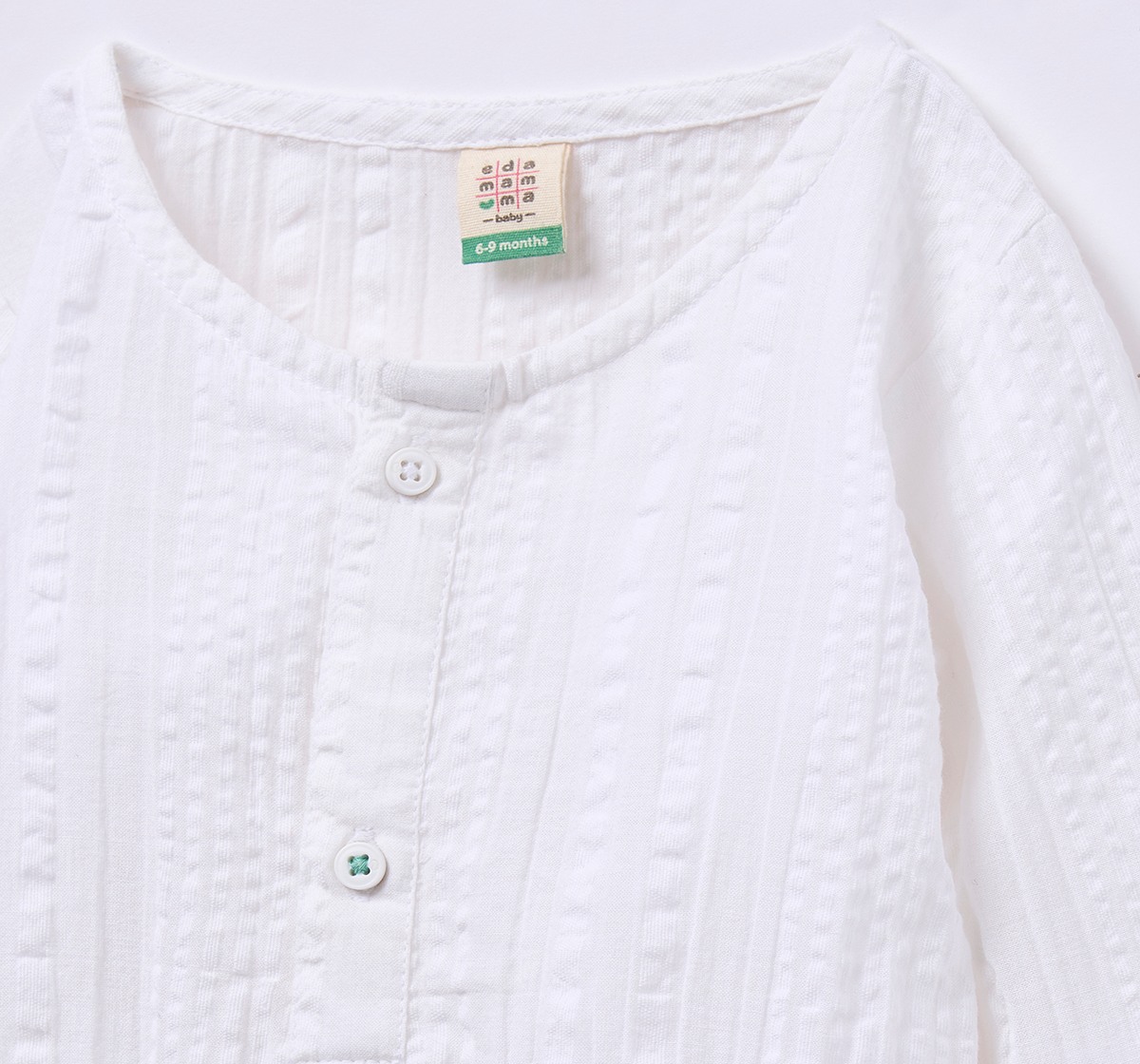 Ed-a-Mamma Infant Boys White Cotton Textured Romper with Front Button Closure
