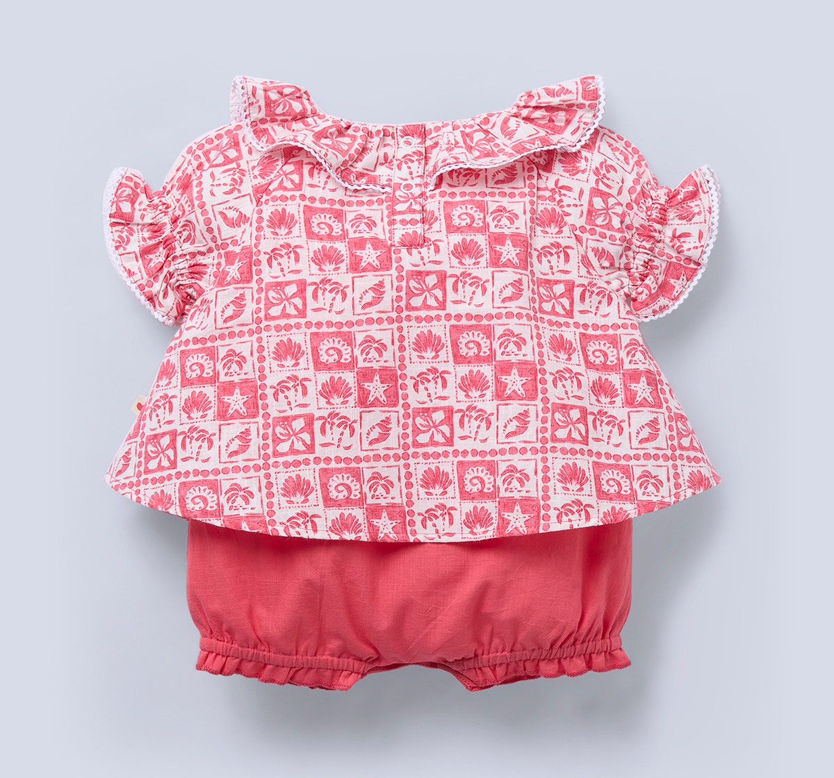 Ed-a-Mamma Infant Girls Pink Printed Dress with Ruffle Collar & Bloomer Set