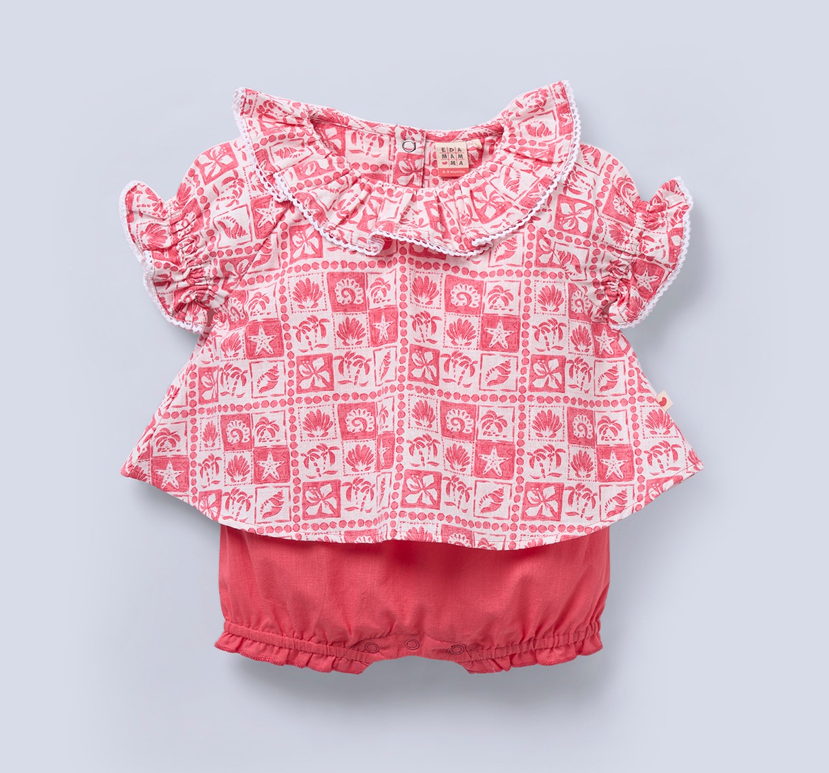 Ed-a-Mamma Infant Girls Pink Printed Dress with Ruffle Collar & Bloomer Set
