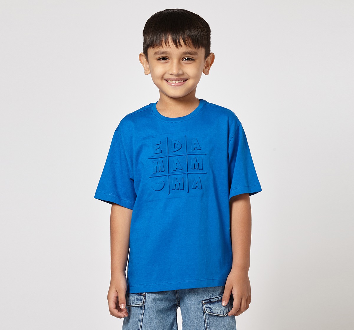 Ed-a-Mamma Unisex Cotton Round Neck 3D Embossed T-Shirt | Half Sleeve Casual Wear | Soft & Comfortable Kids Tee (Blue)