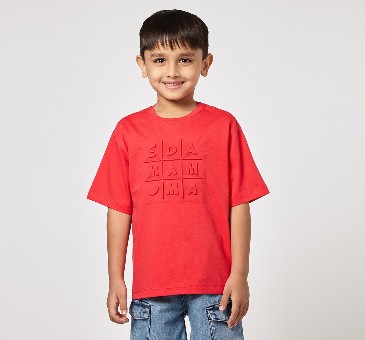 Ed-a-Mamma Unisex Cotton Round Neck 3D Embossed T-Shirt | Half Sleeve Casual Wear | Soft & Comfortable Kids Tee (Red)