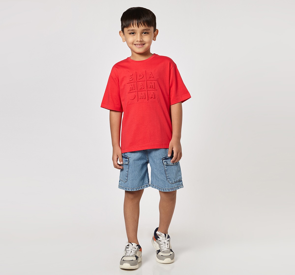 Ed-a-Mamma Unisex Cotton Round Neck 3D Embossed T-Shirt | Half Sleeve Casual Wear | Soft & Comfortable Kids Tee (Red)
