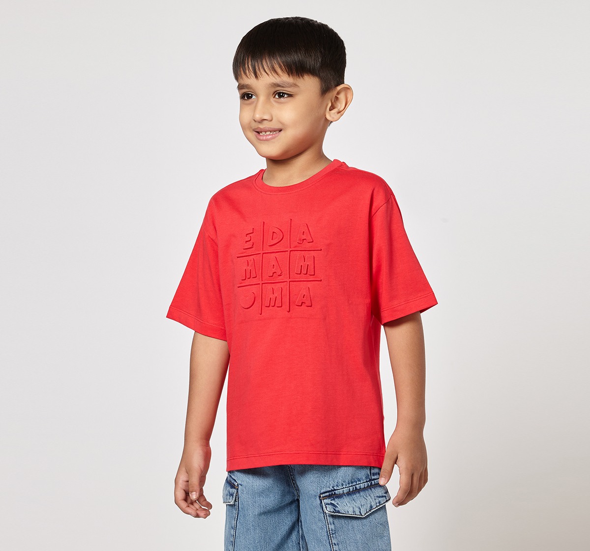 Ed-a-Mamma Unisex Cotton Round Neck 3D Embossed T-Shirt | Half Sleeve Casual Wear | Soft & Comfortable Kids Tee (Red)