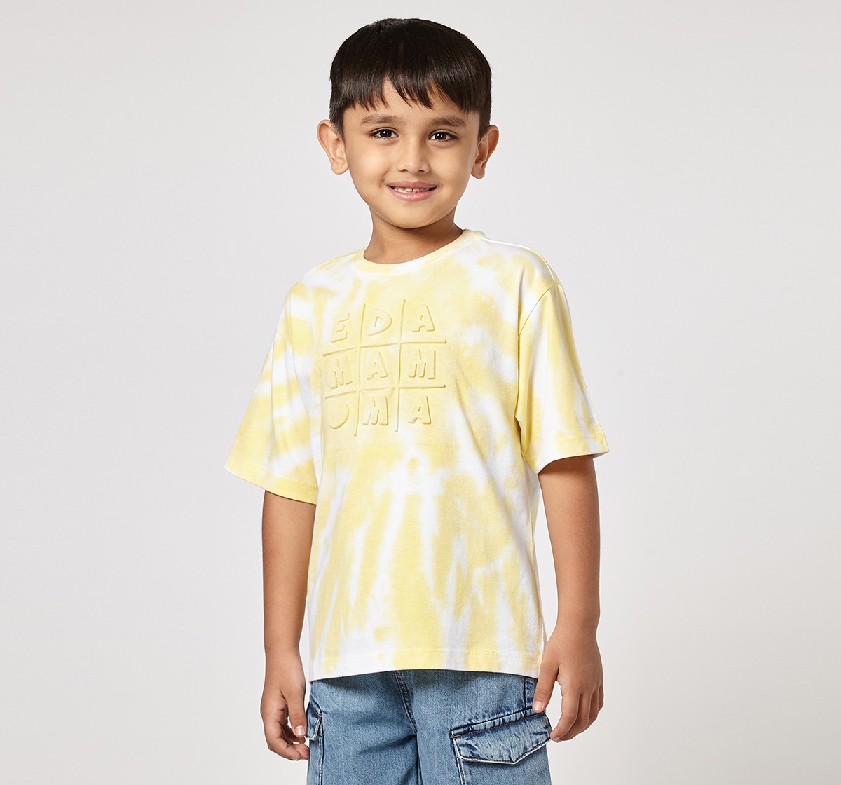 Ed-a-Mamma Unisex Cotton Round Neck 3D Embossed T-Shirt | Half Sleeve Casual Wear | Soft & Comfortable Kids Tee (Yellow)