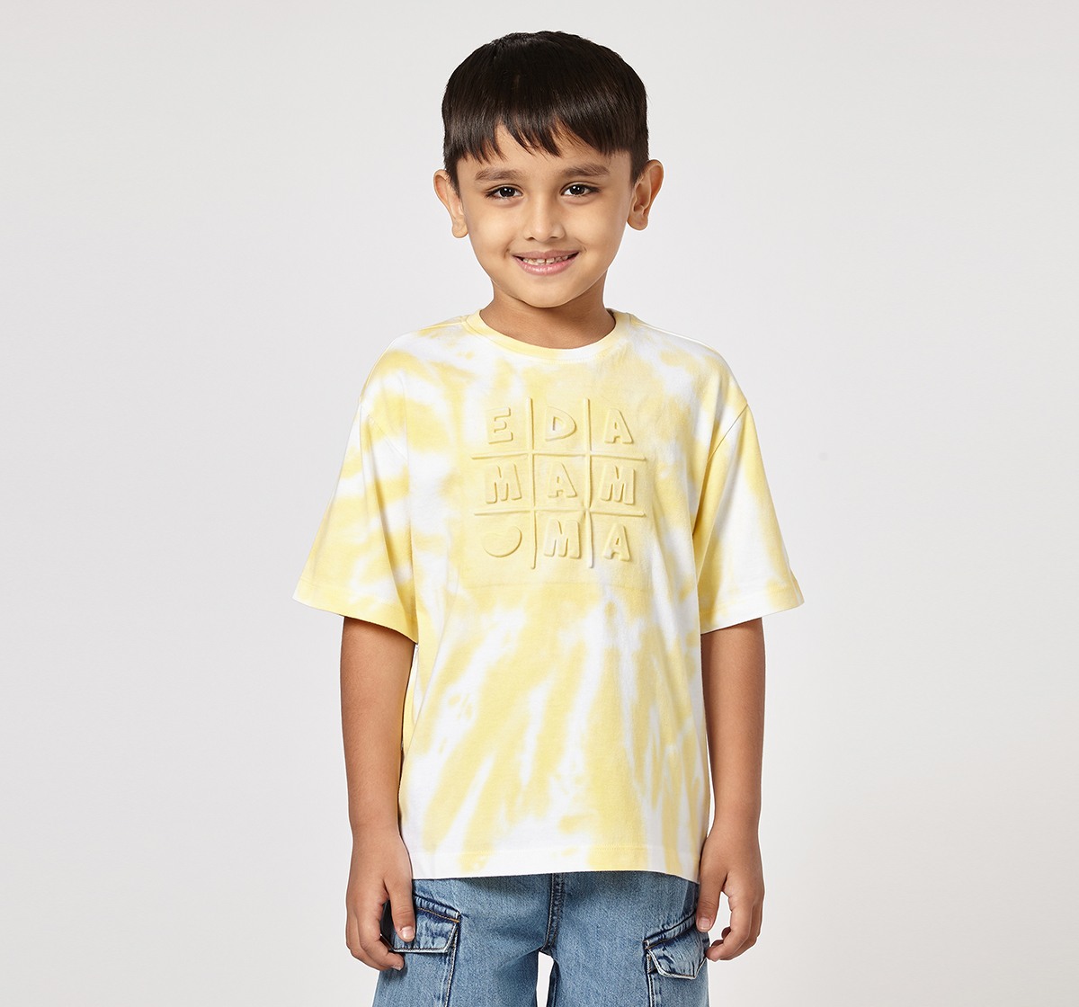Ed-a-Mamma Unisex Cotton Round Neck 3D Embossed T-Shirt | Half Sleeve Casual Wear | Soft & Comfortable Kids Tee (Yellow)
