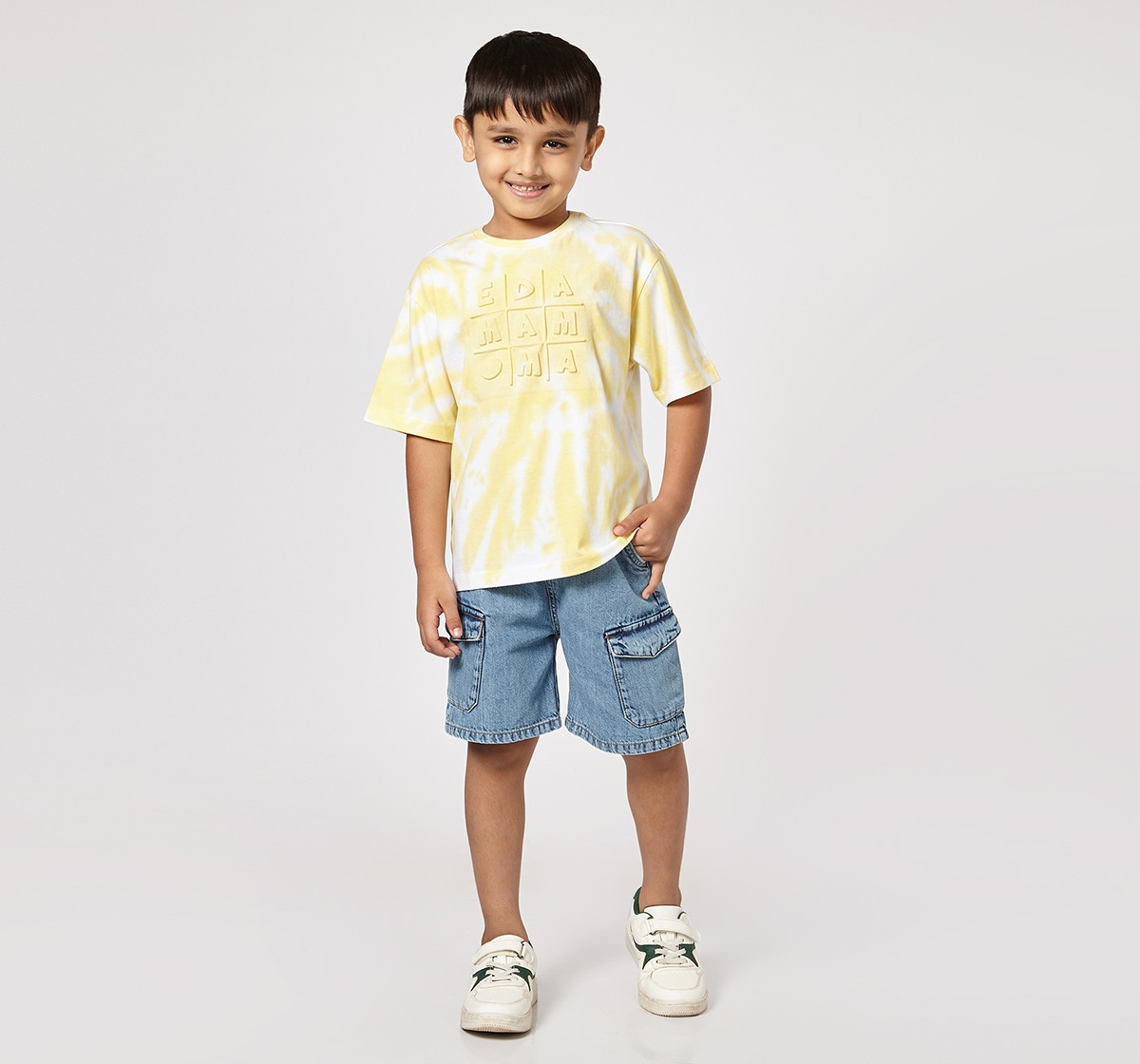 Ed-a-Mamma Unisex Cotton Round Neck 3D Embossed T-Shirt | Half Sleeve Casual Wear | Soft & Comfortable Kids Tee (Yellow)