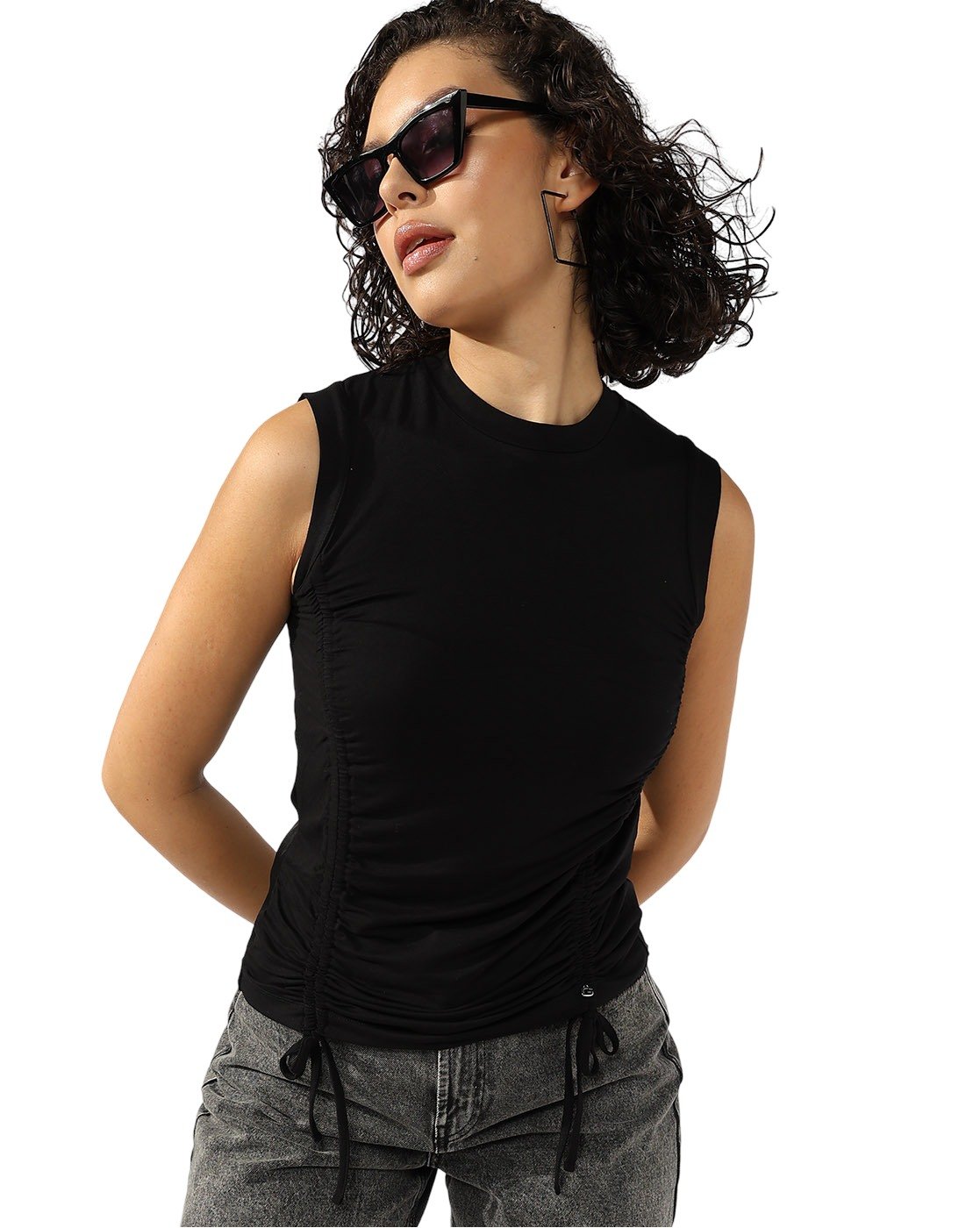 GAS | Ruched Drawstring Round Neck Sleeveless Top