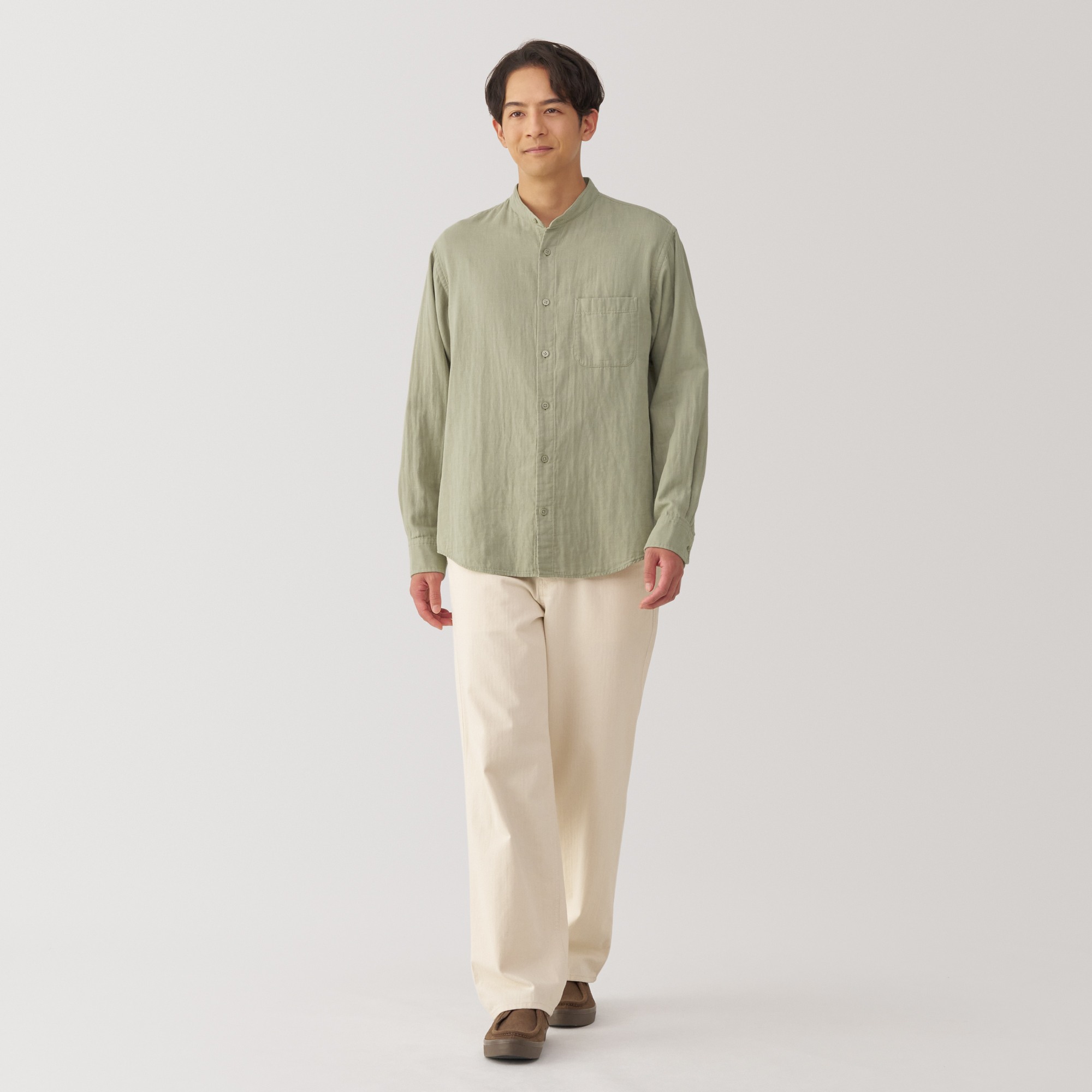 Kapok blended double gauze stand collar Long Sleeve shirt