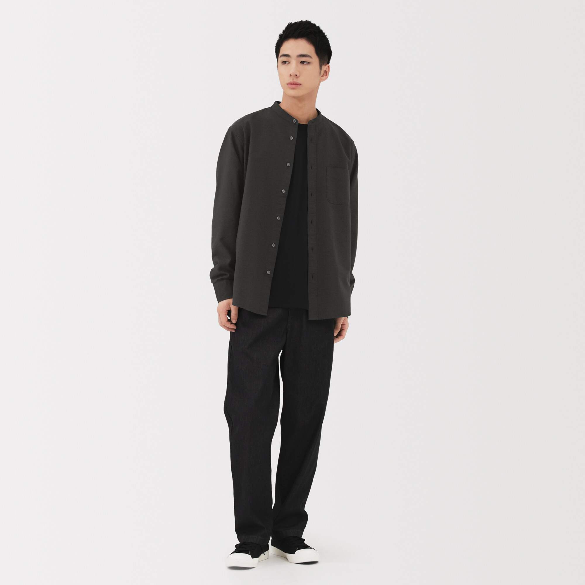 M's Washed oxford stand collar L/Slv shirt