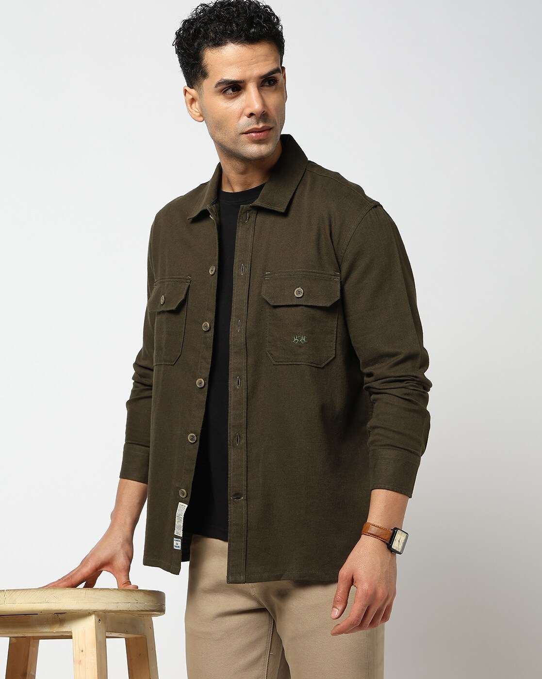 Cotton Linen Solid Olive Shacket