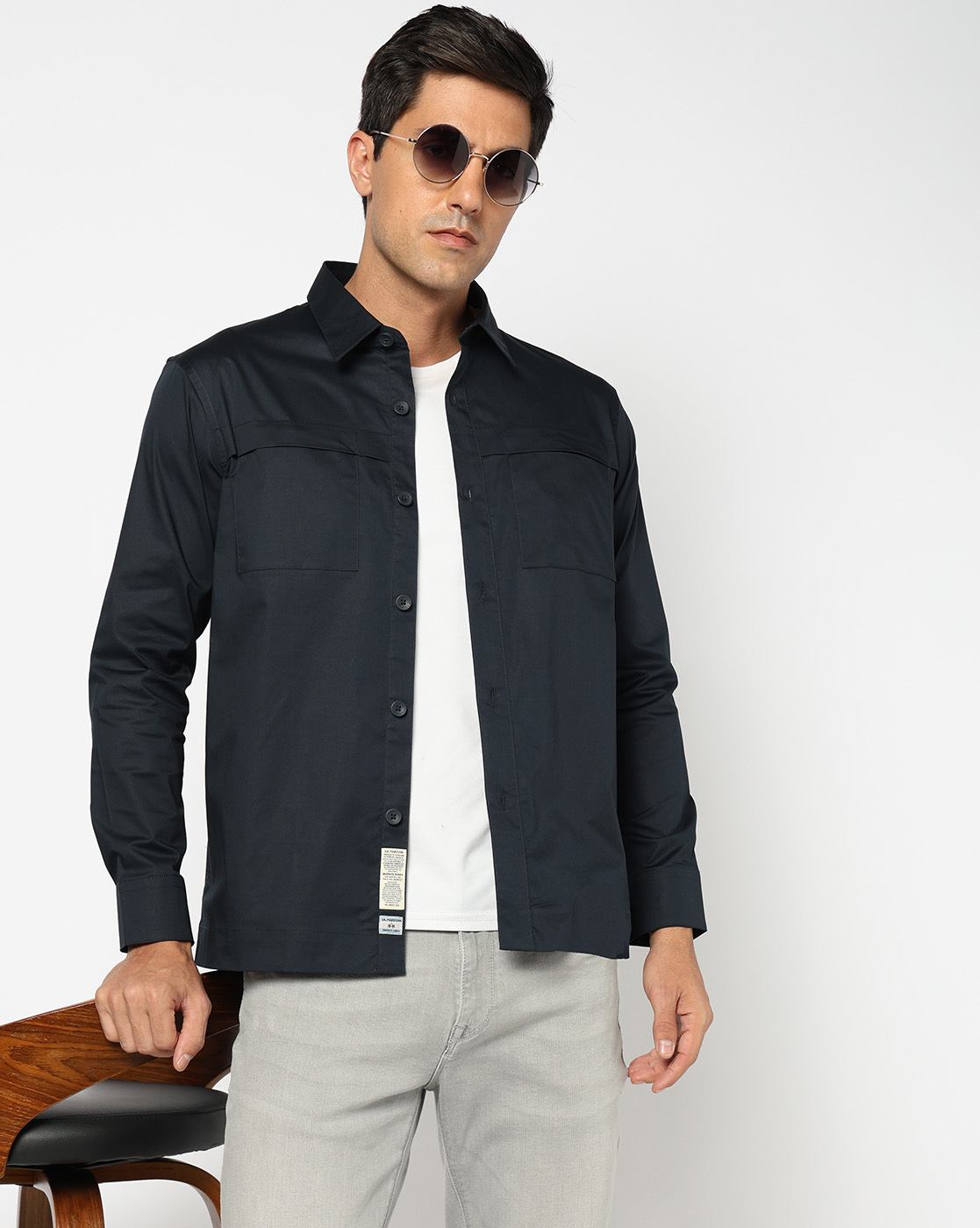 Cotton Solid Relaxed Fit Navy Shacket with Stretch