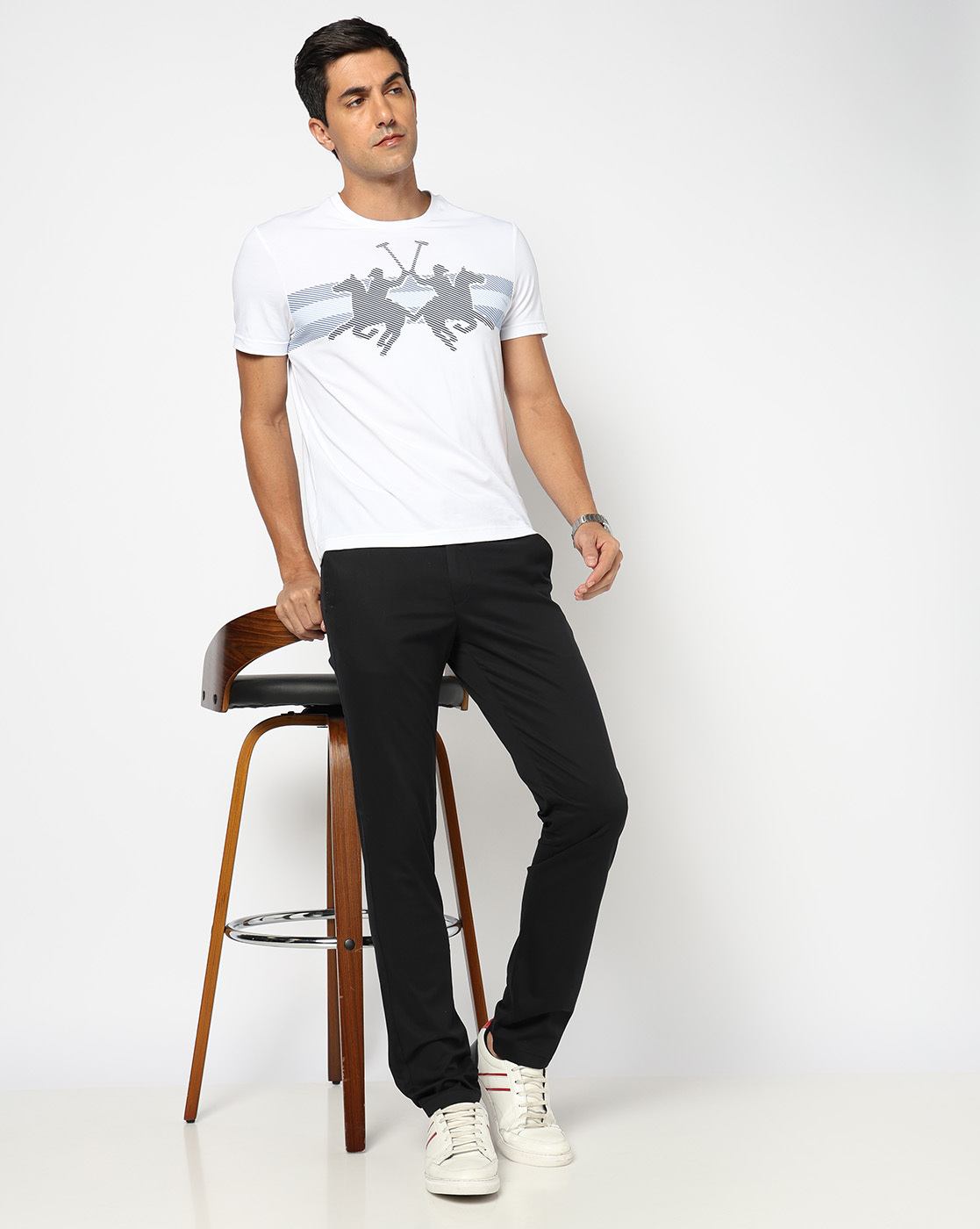 Cotton Solid Adjustable Waistband Slim Fit Black Trouser with Stretch