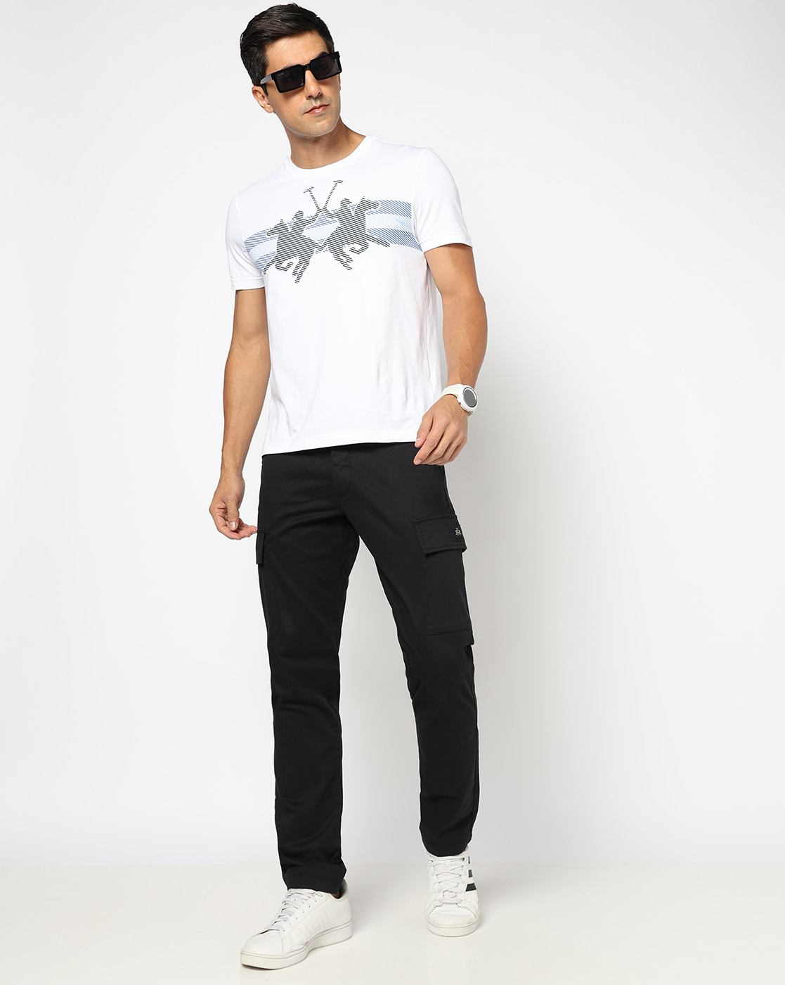 Cotton Solid Slim Fit Black Cargo Trouser with Stretch