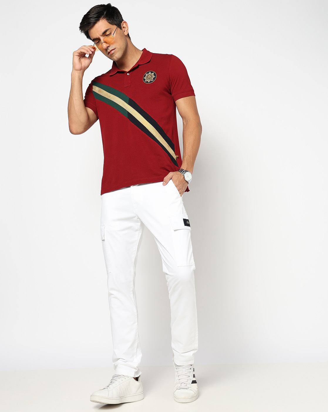 Cotton Solid Slim Fit White Cargo Trouser with Stretch