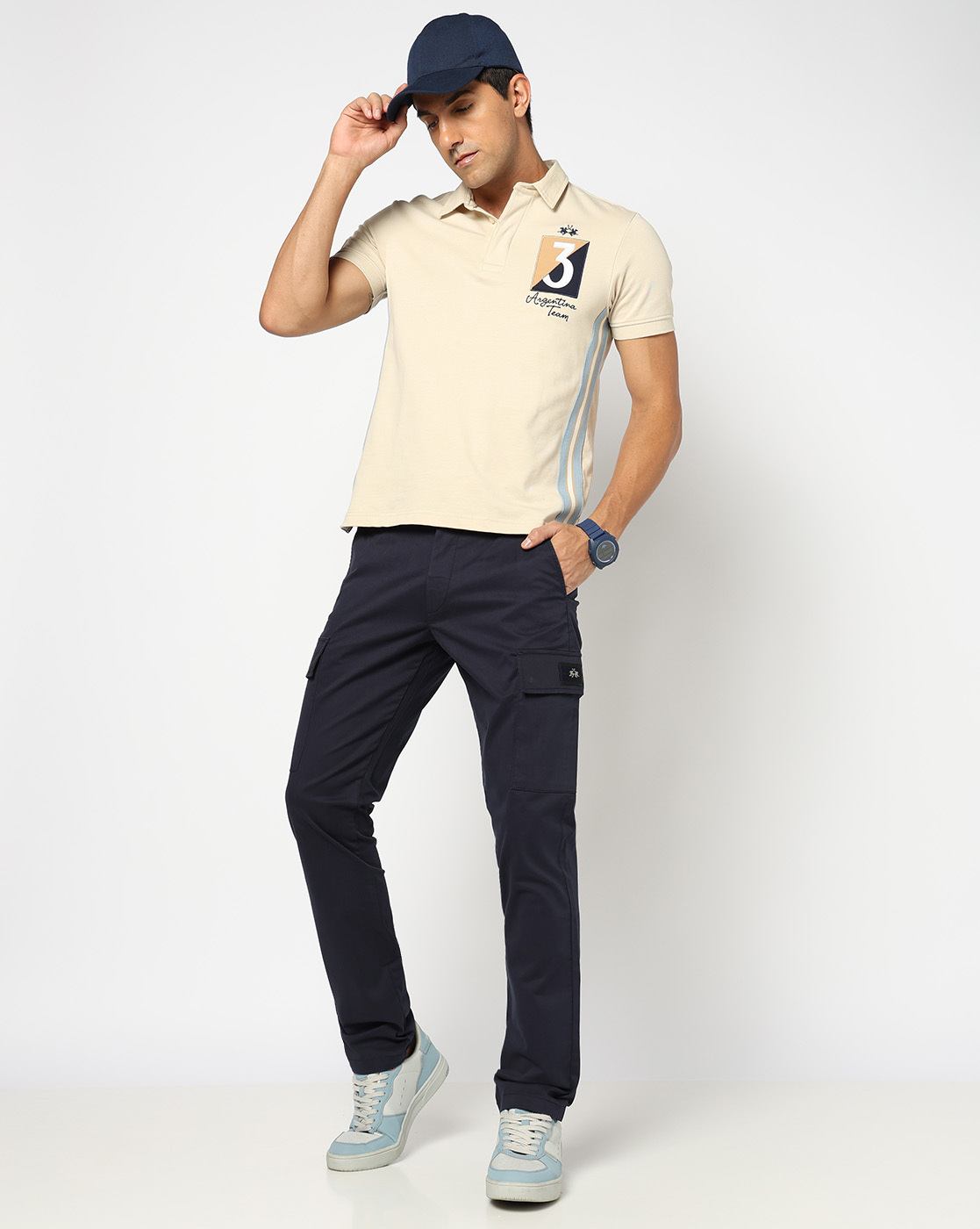 Cotton Solid Slim Fit Cargo Navy Trouser with Stretch