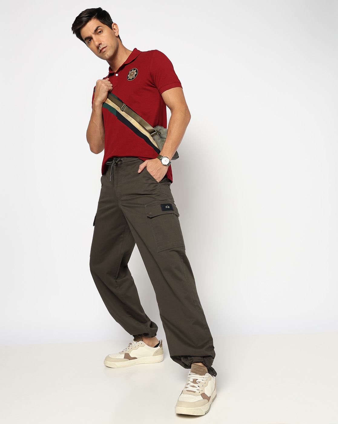 Cotton Solid Relaxed Fit Green Cargo Trouser with Stretch