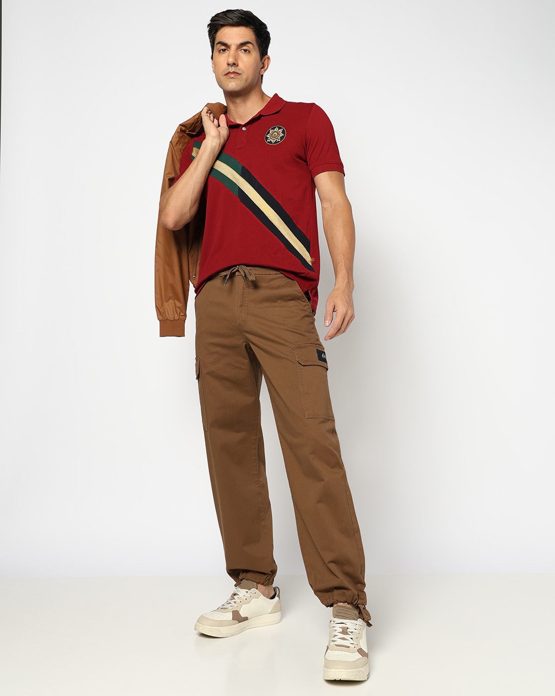 Cotton Solid Relaxed Fit Brown Cargo Trouser with Stretch