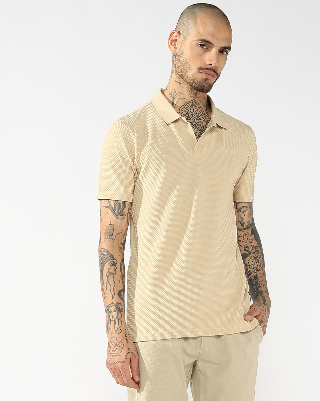 GAS | Men's V-Neck Polo T-Shirt with Texture & Contrast Collar