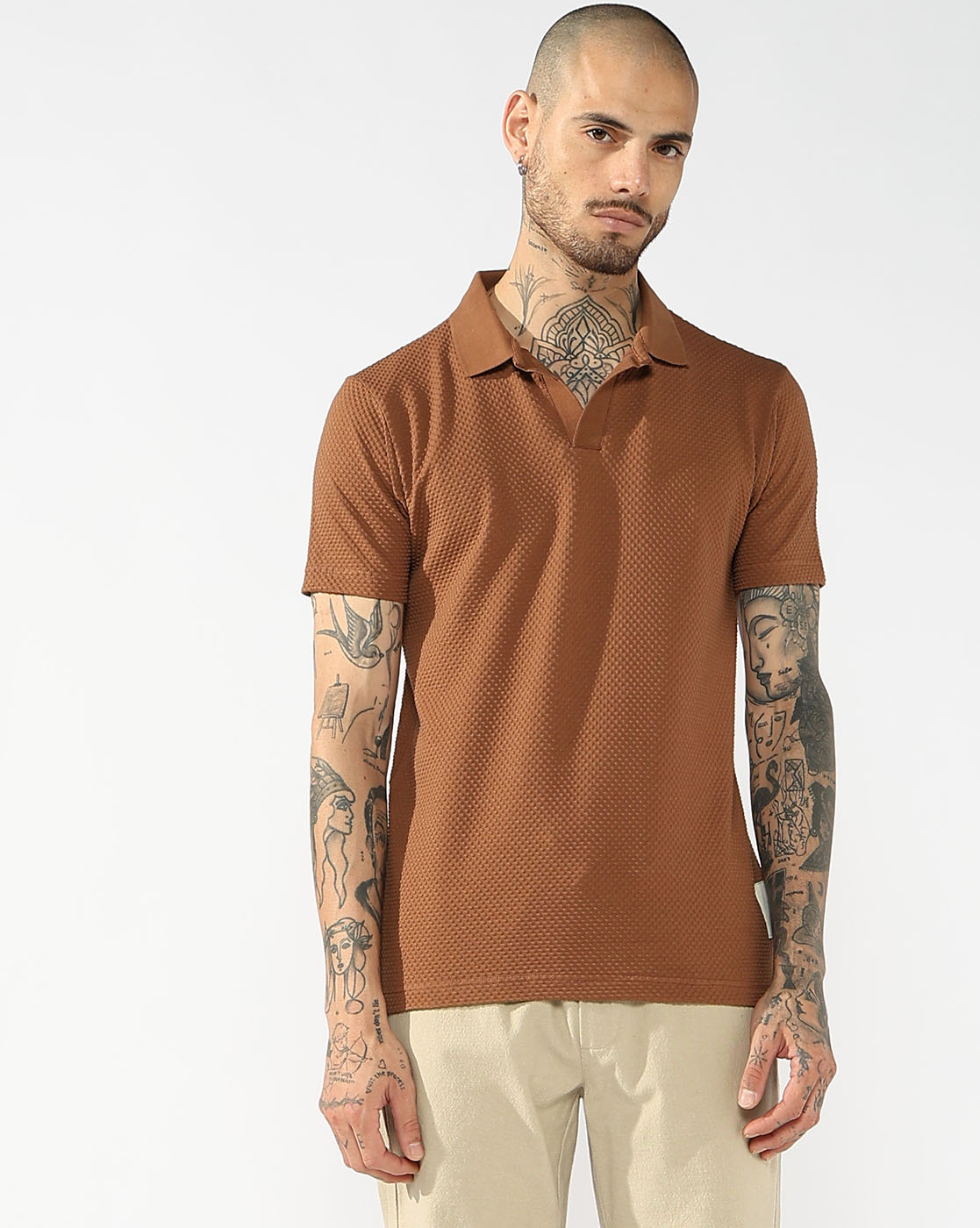 GAS | Men's V-Neck Polo T-Shirt with Texture & Contrast Collar