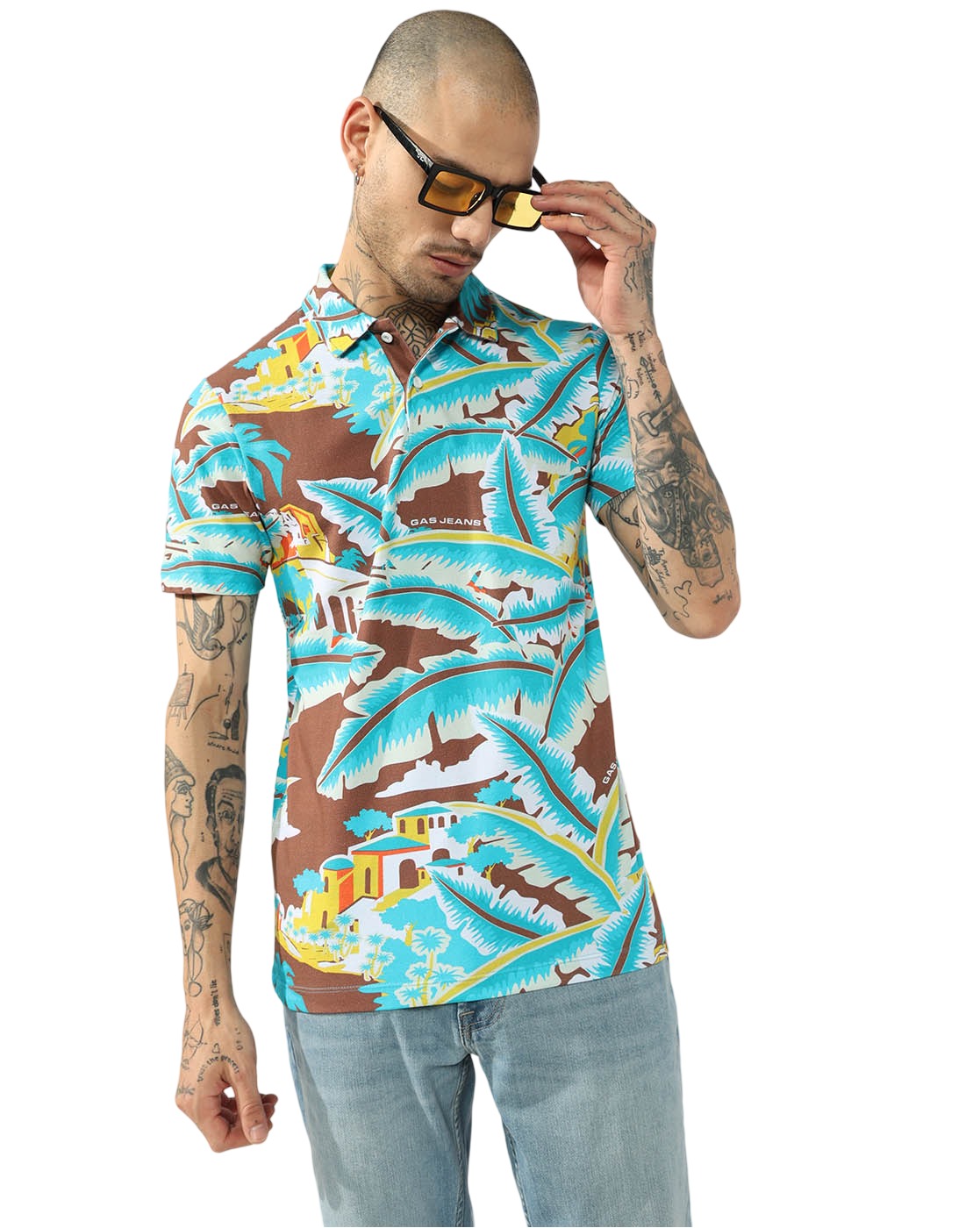 GAS | All Over Printed Cotton Lycra Regular Fit Polo Tshirt