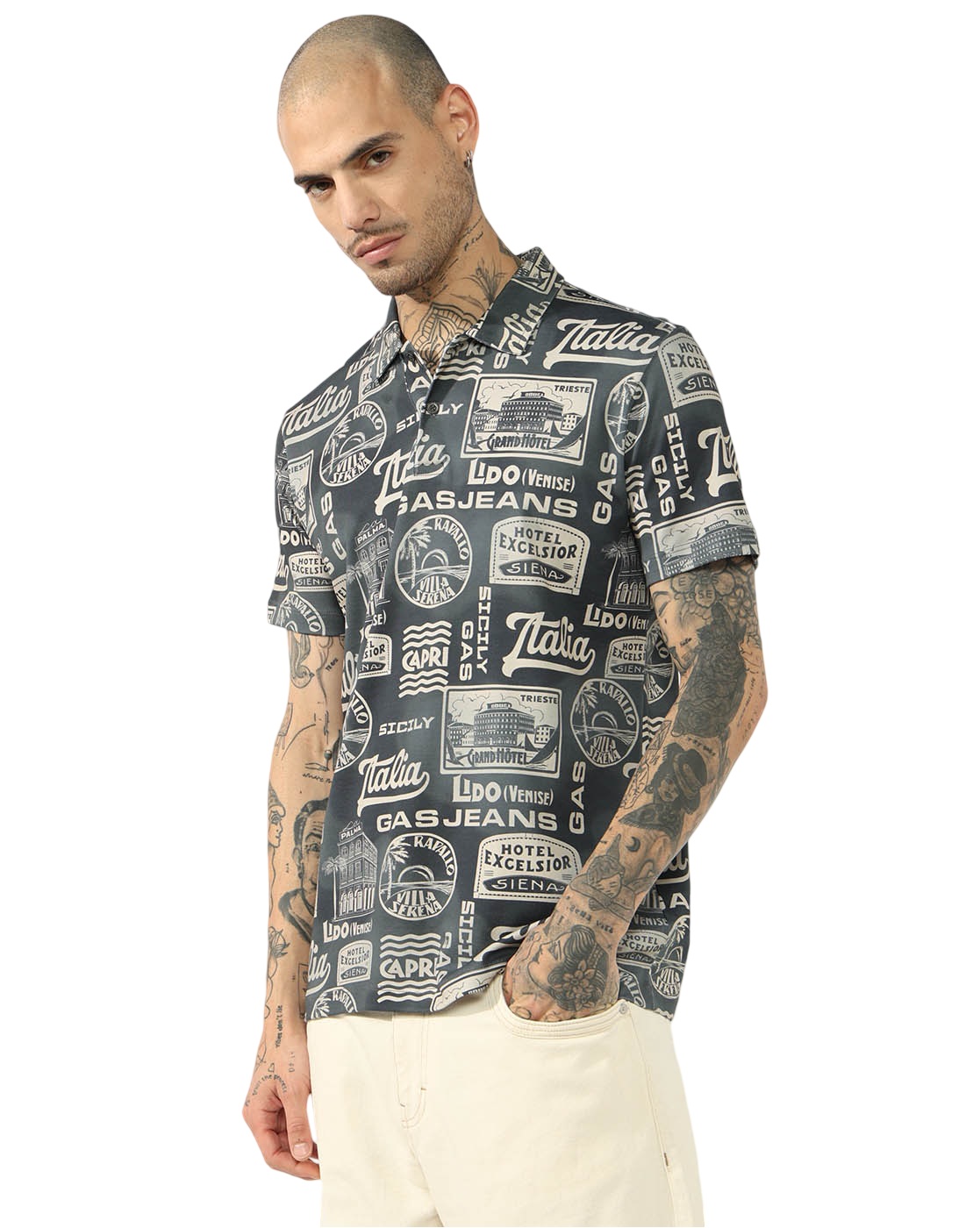 GAS | Italian Travel Stamp Printed Cotton Regular Fit Polo Tshirt