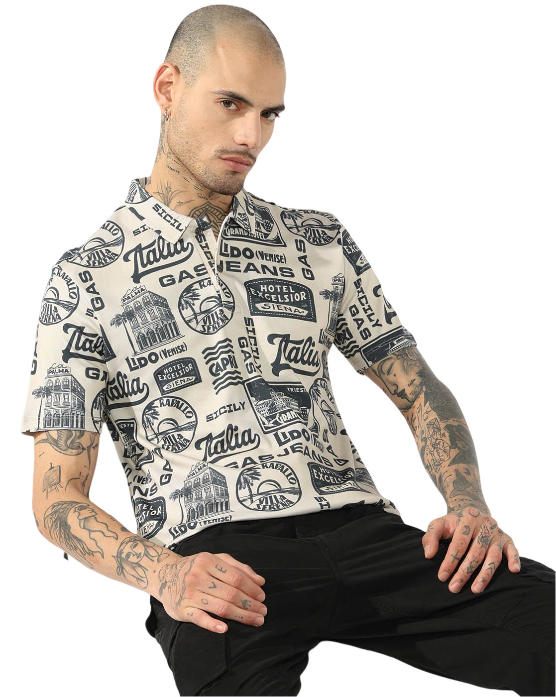 GAS | Italian Travel Stamp Printed Cotton Regular Fit Polo Tshirt