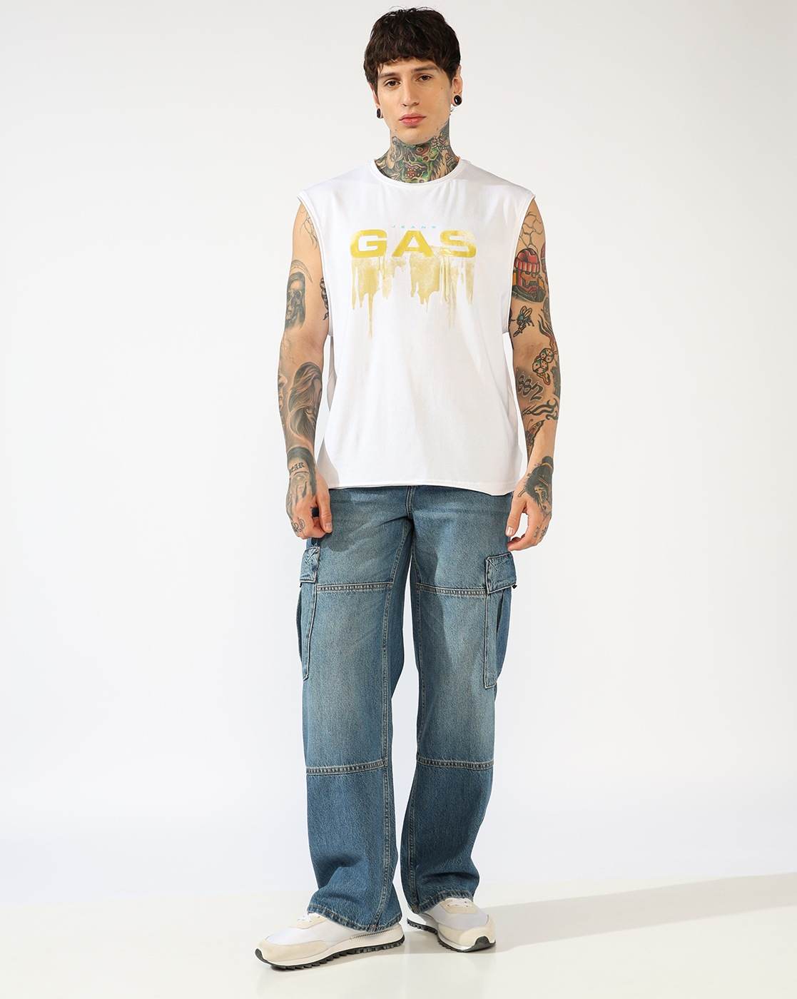 GAS | Mid Rise Mid Wash Flared Cargo Jeans