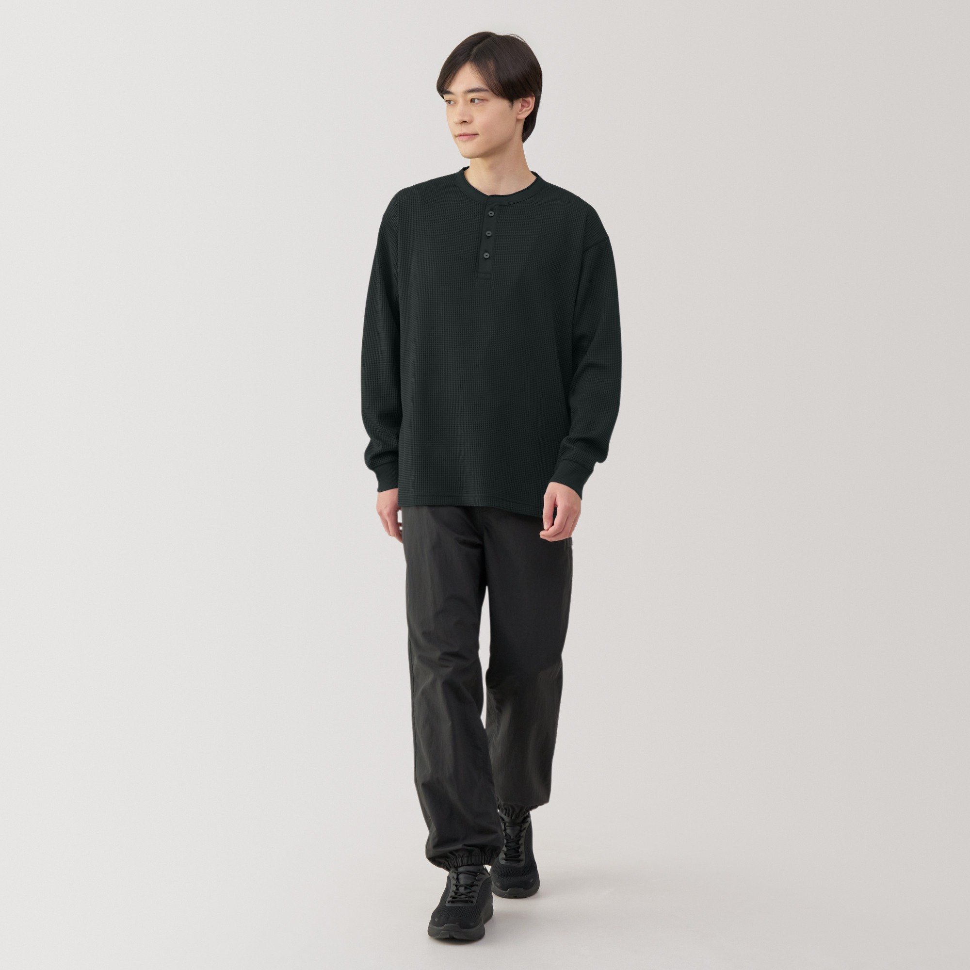 M's UV protection quick dry waffle henley neck L/Slv T-shirt