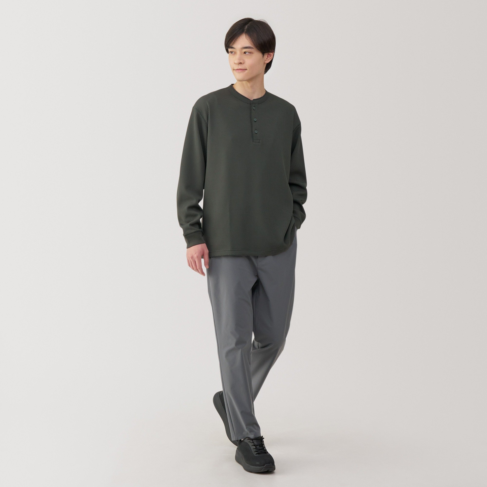 M's UV protection quick dry waffle henley neck L/Slv T-shirt
