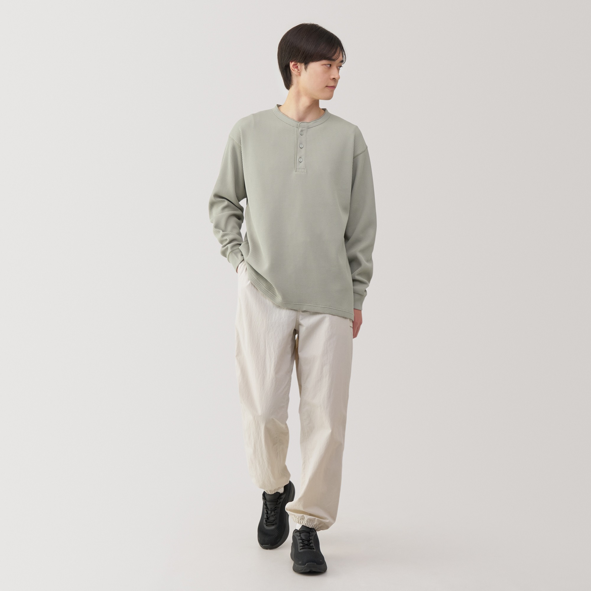 M's UV protection quick dry waffle henley neck L/Slv T-shirt