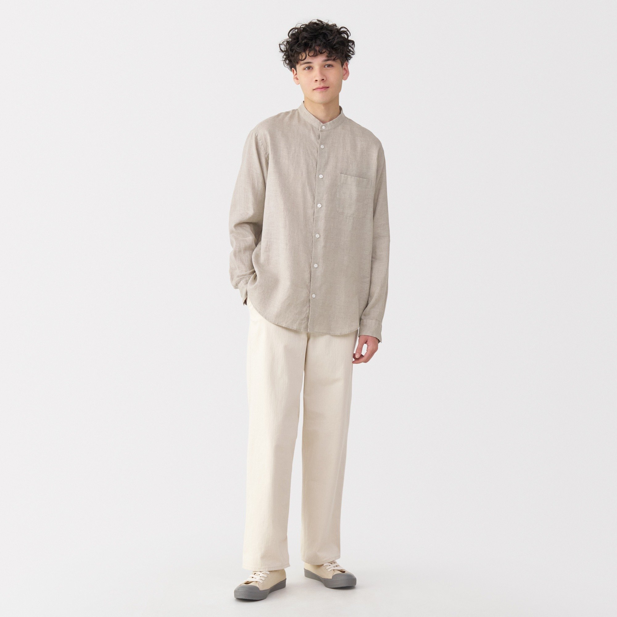 M's Washed linen stand collar L/Slv shirt