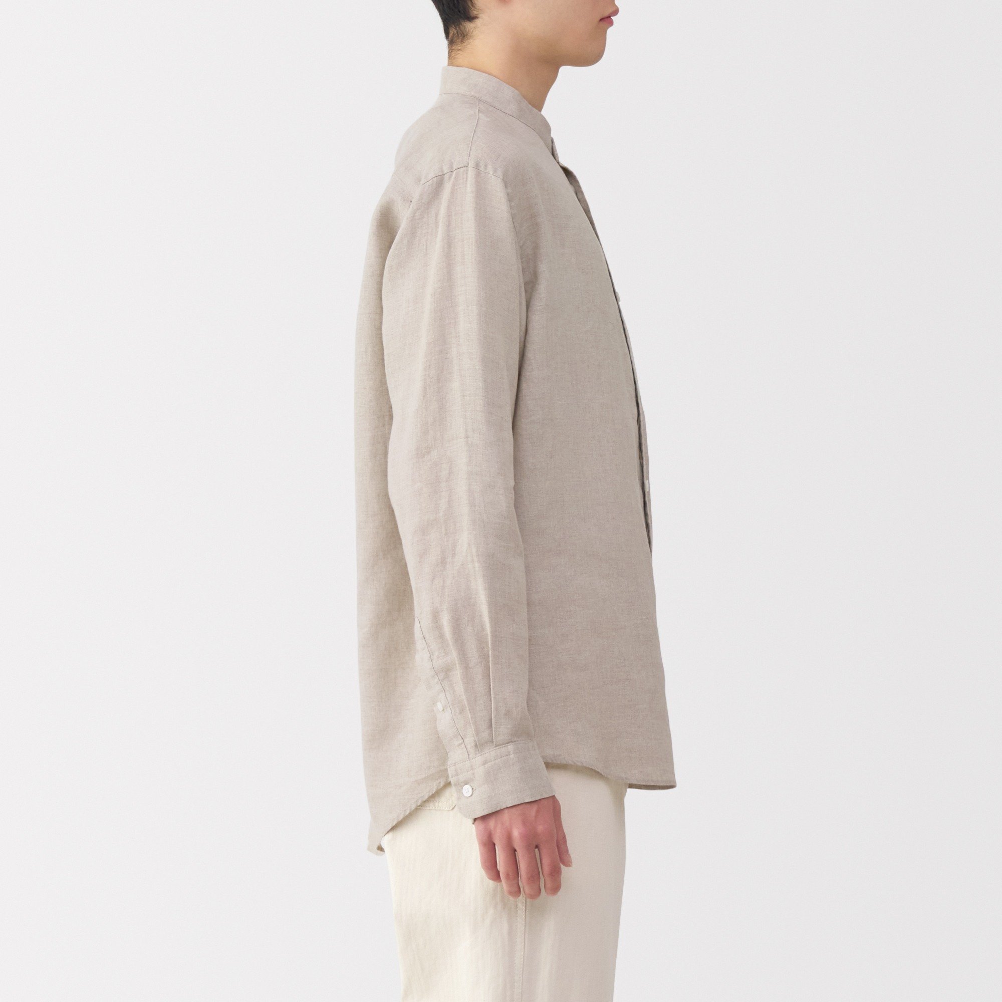 M's Washed linen stand collar L/Slv shirt