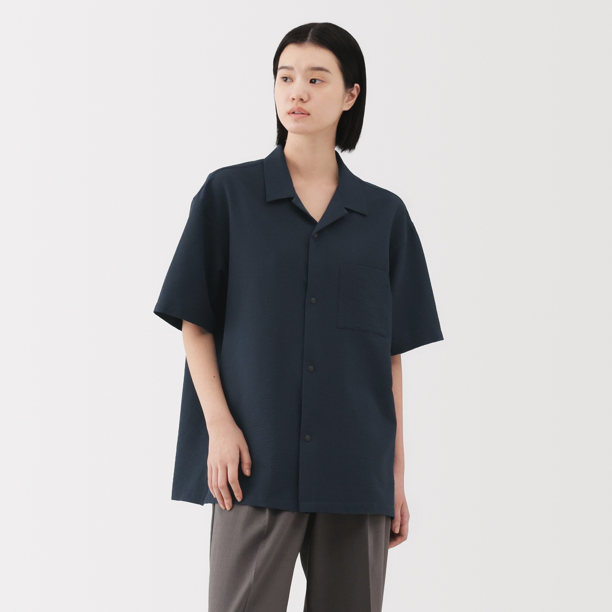 SERSUCKER OPENCOLLAR S/S SH, DARK NAV, S