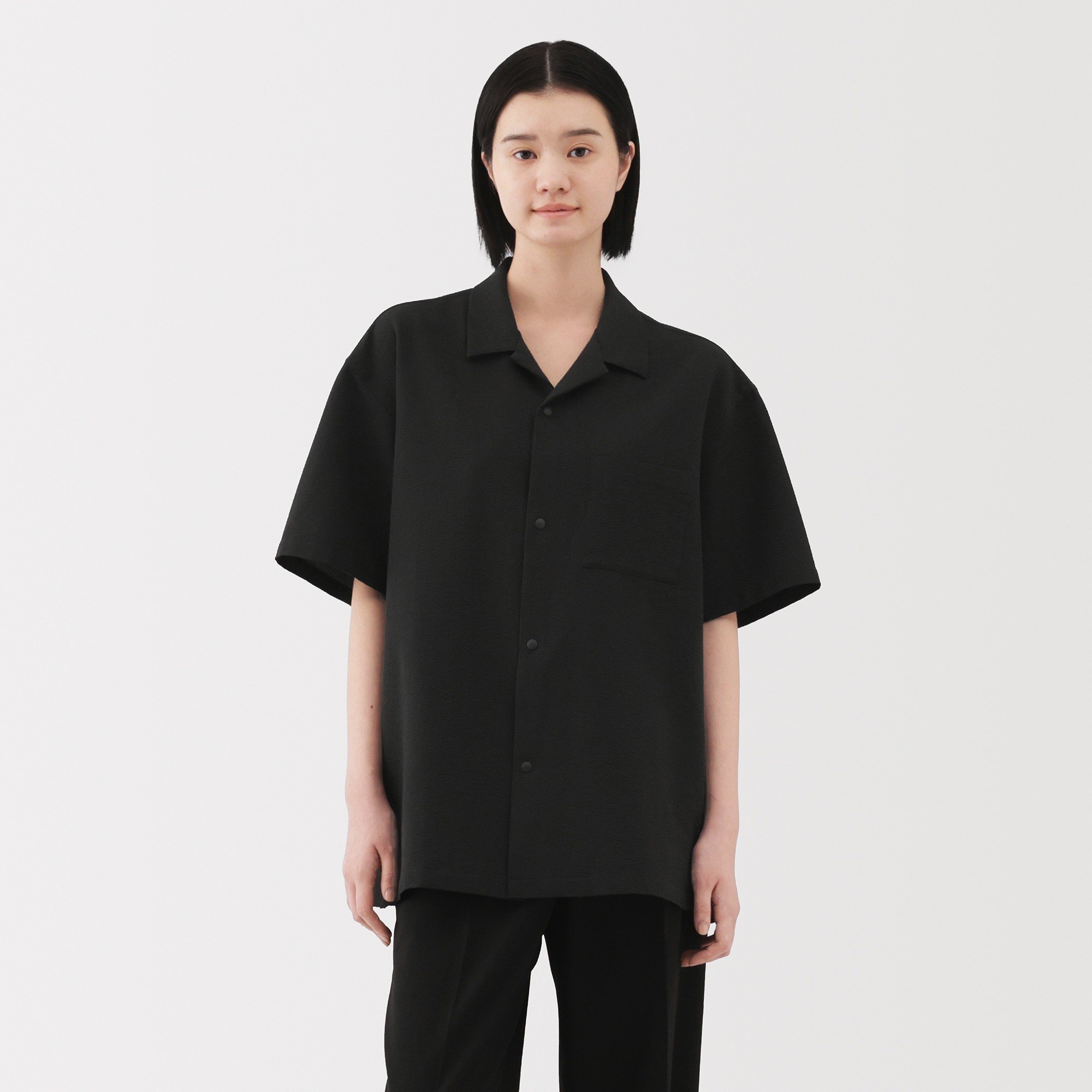 SERSUCKER OPENCOLLAR S/S SHIRT, BLACK, S