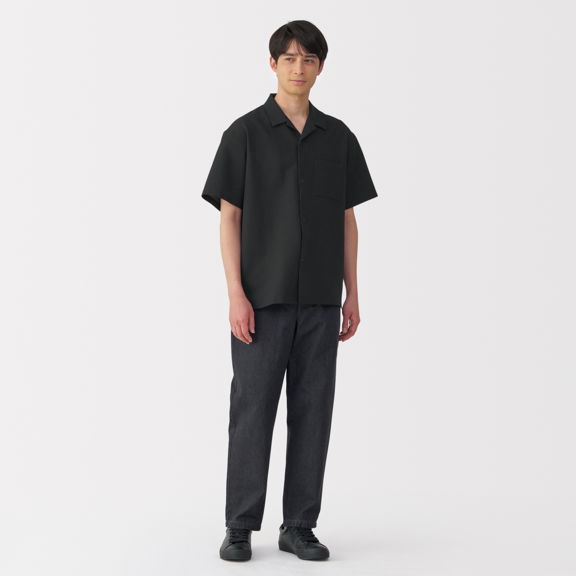 SERSUCKER OPENCOLLAR S/S SHIRT, BLACK, S