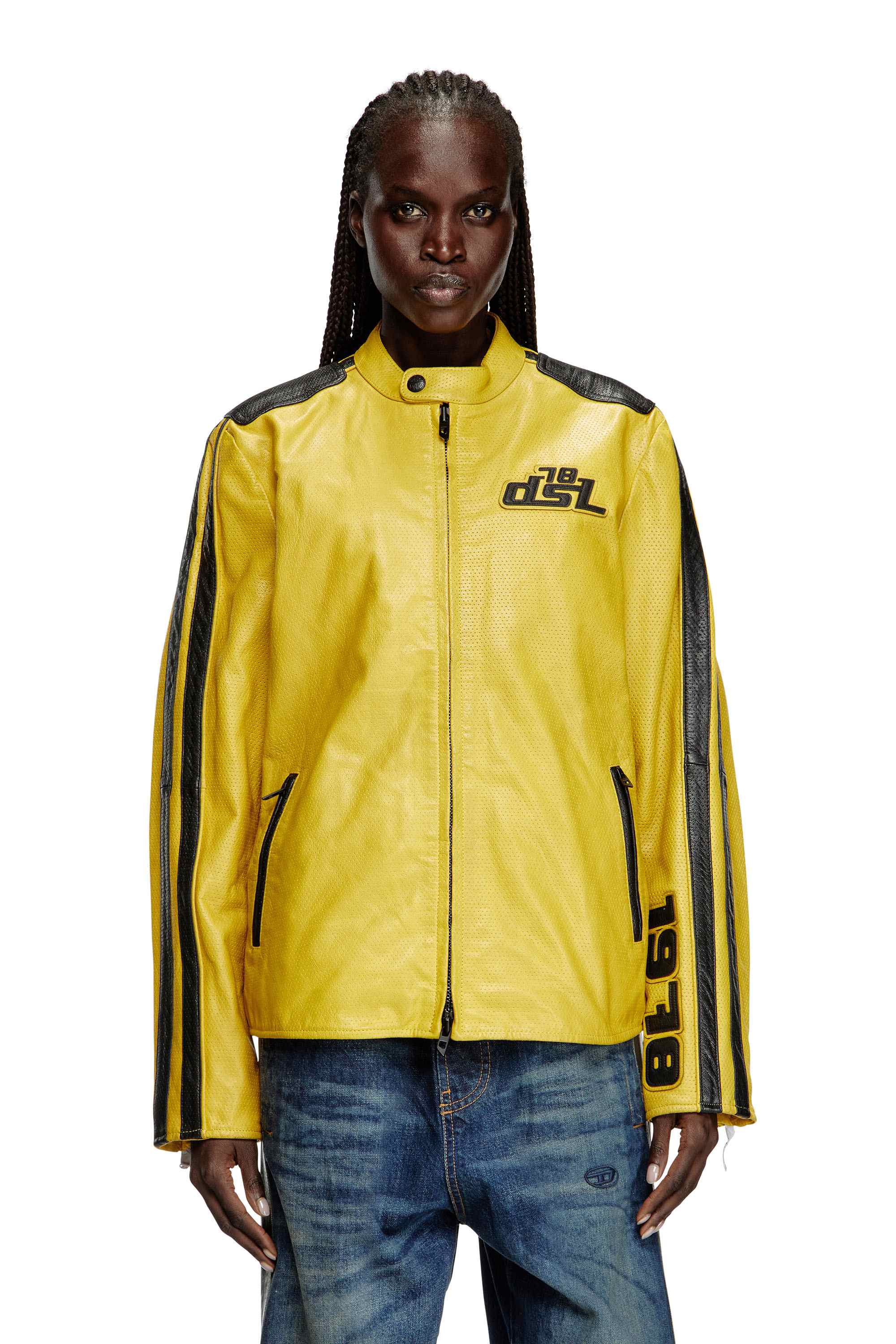 Yellow Biker jacket in perforated leather