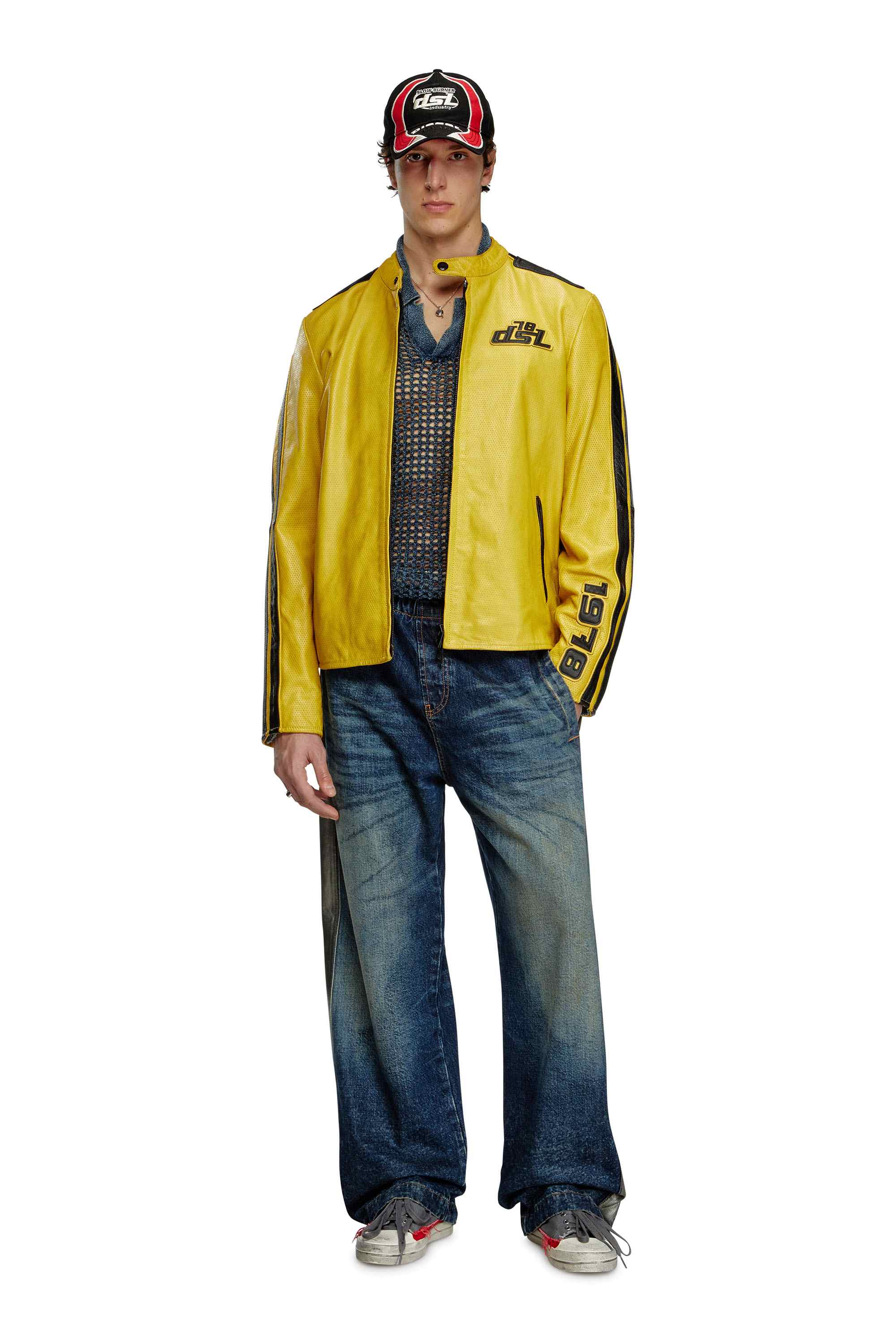 Yellow Biker jacket in perforated leather