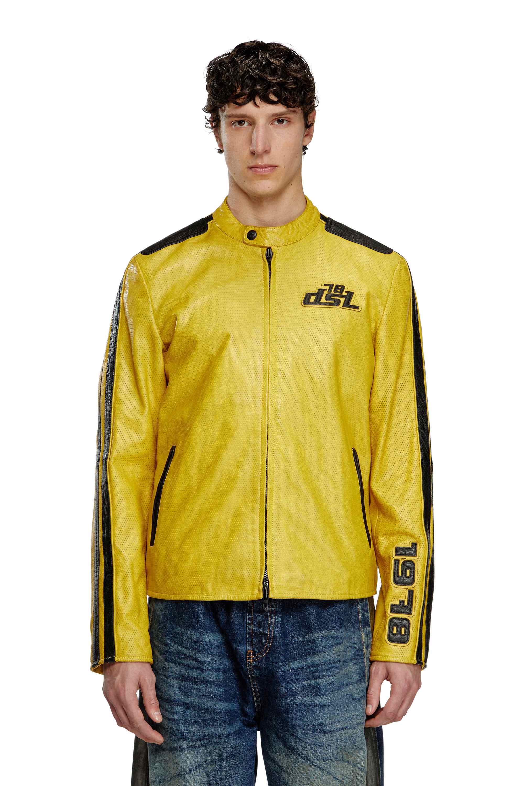 Yellow Biker jacket in perforated leather