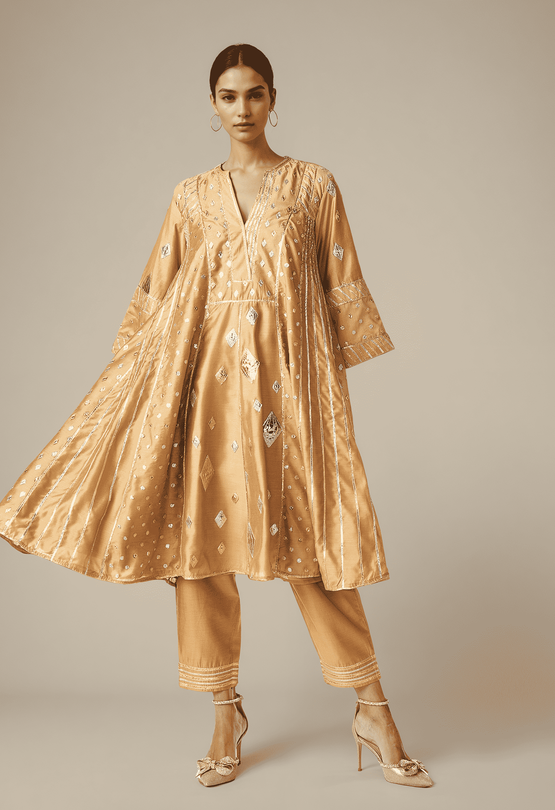 Beige Gathered Kurta Set