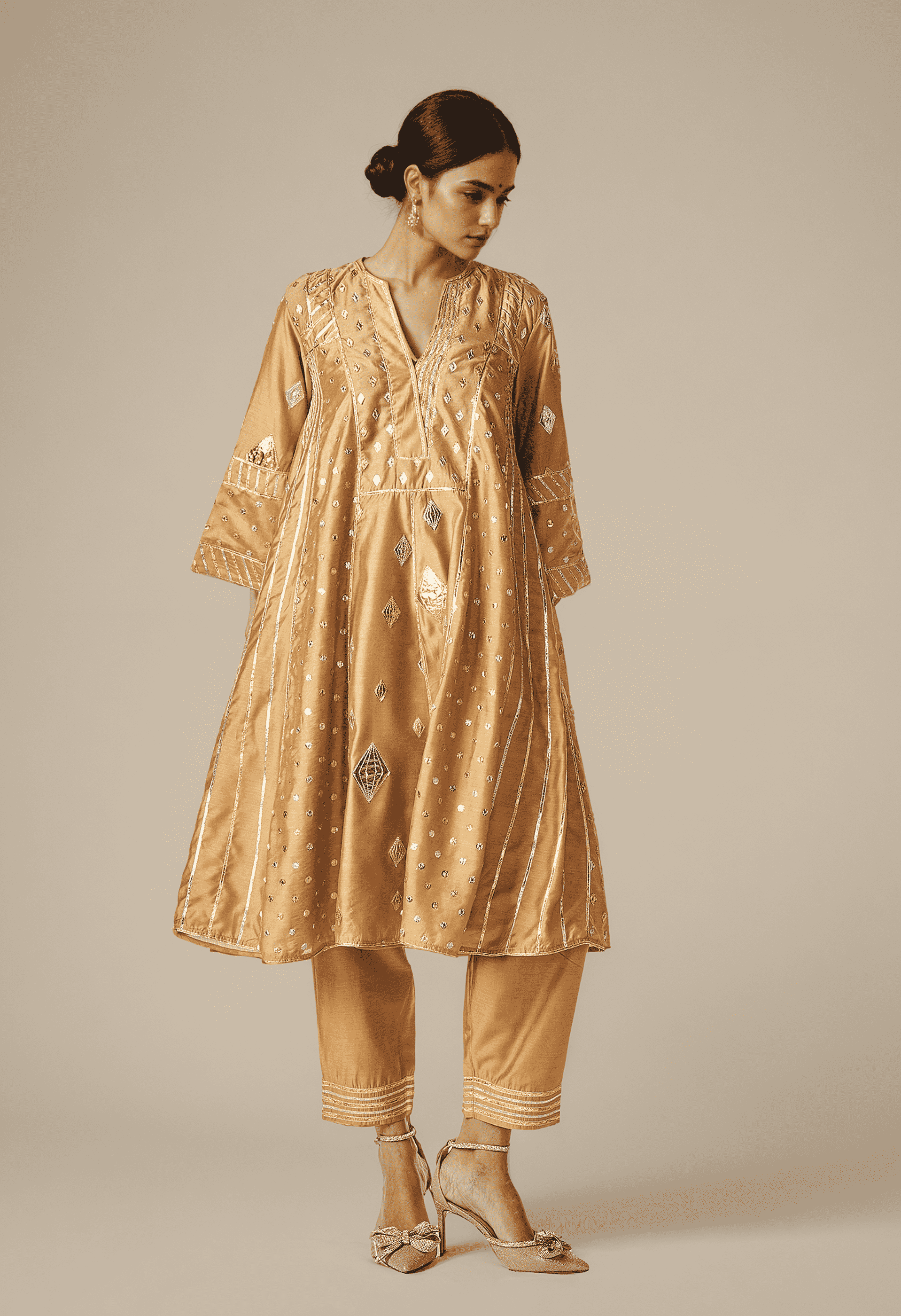Beige Gathered Kurta Set