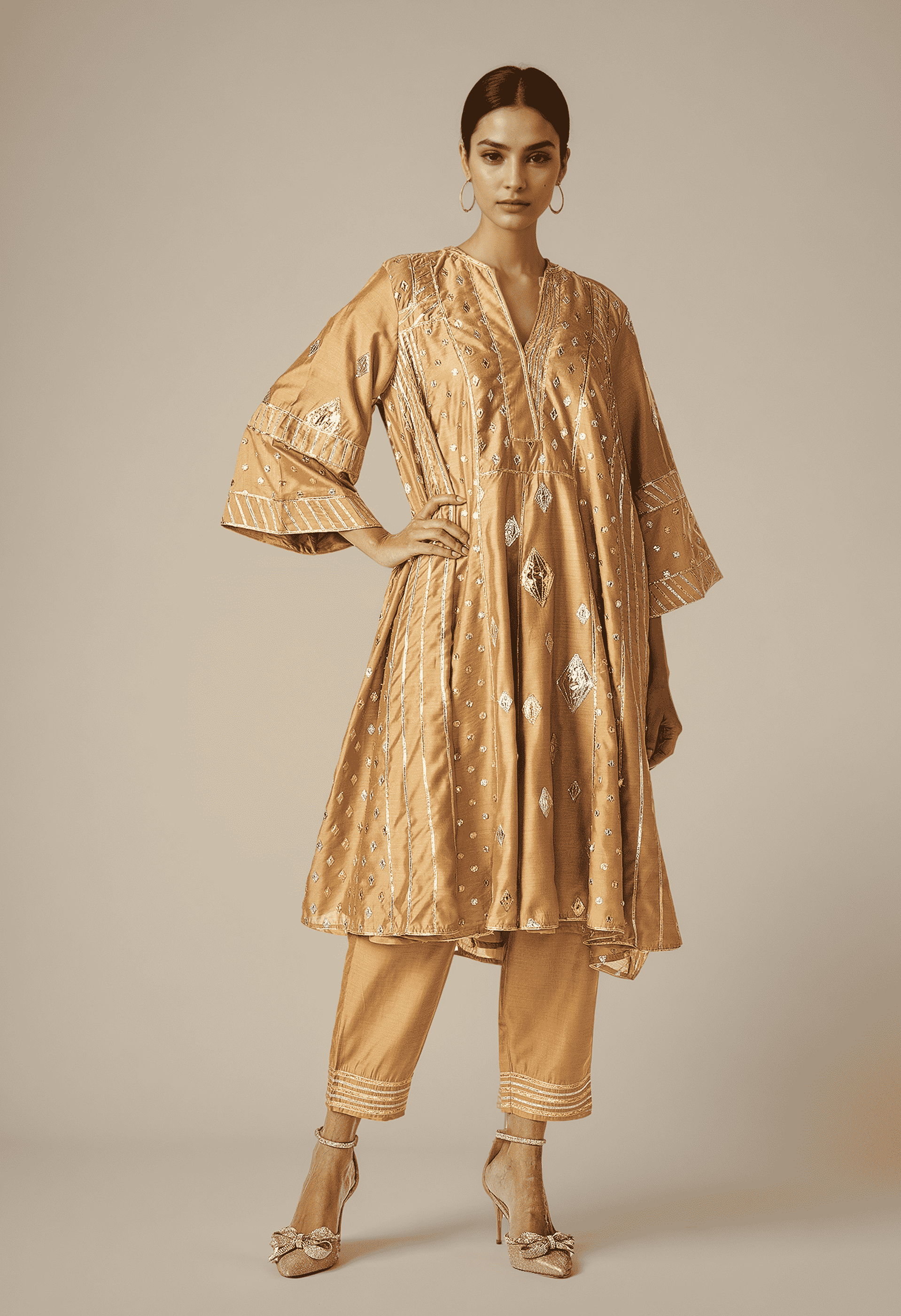 Beige Gathered Kurta Set