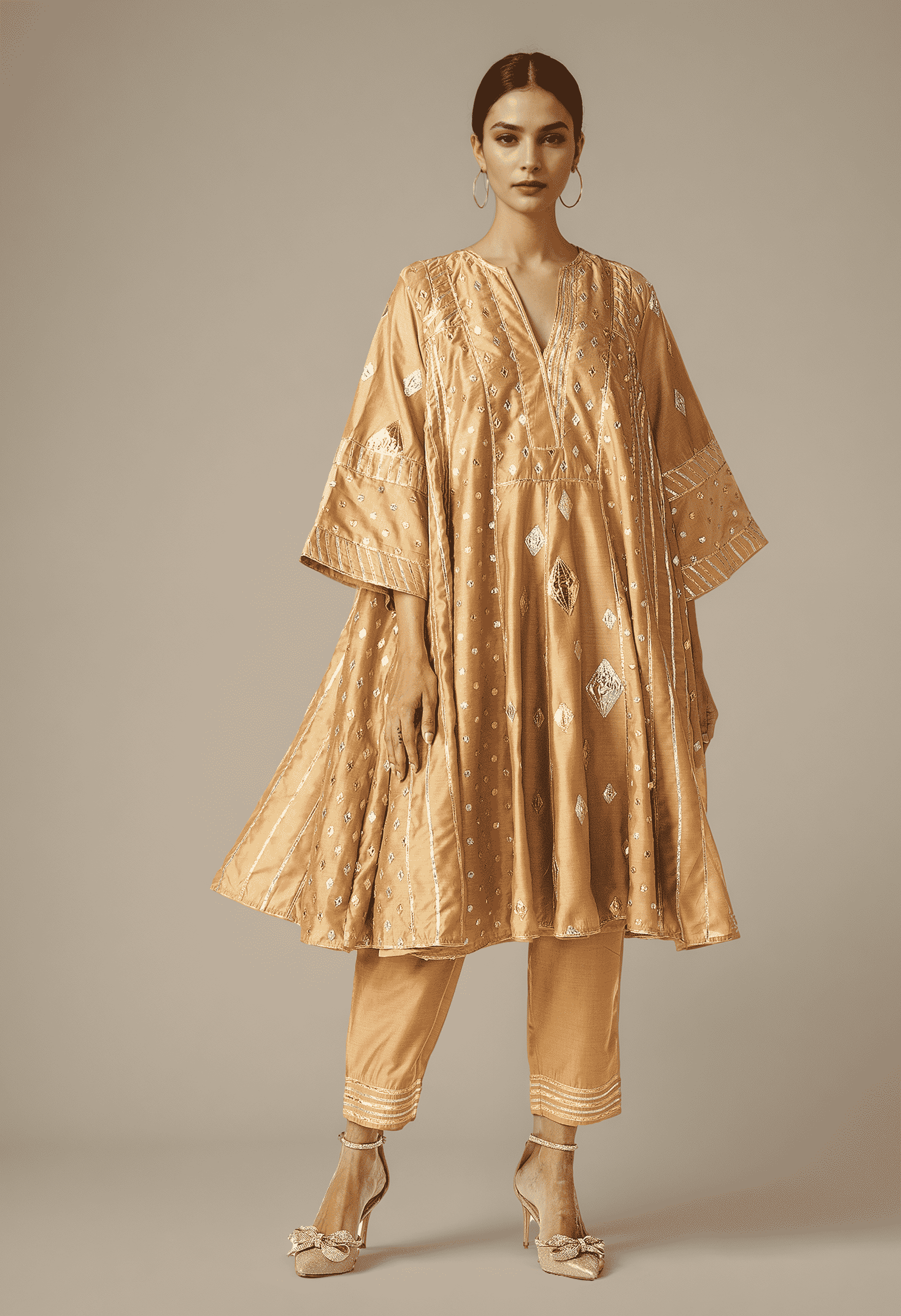 Beige Gathered Kurta Set