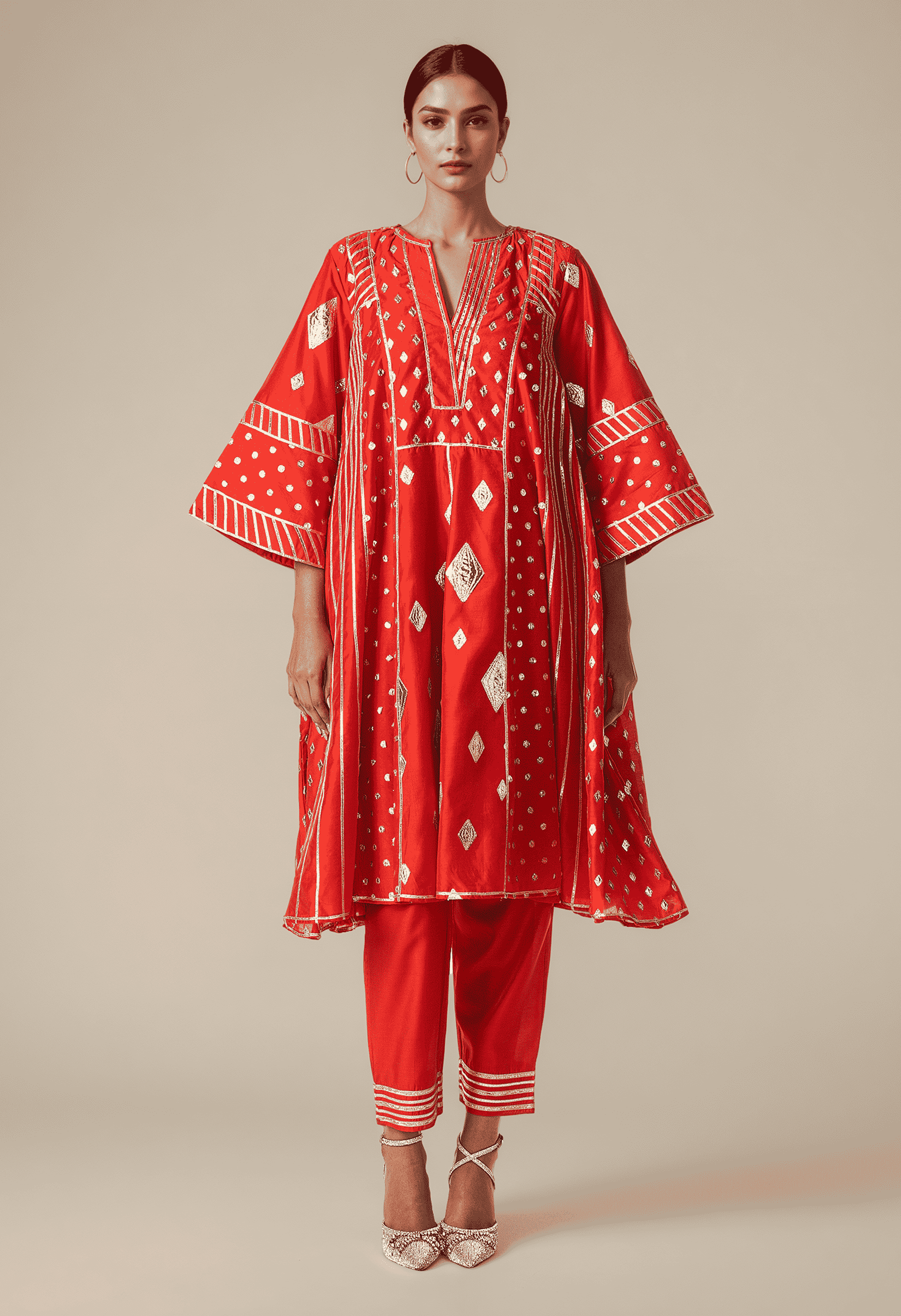Red Gathered Kurta Set