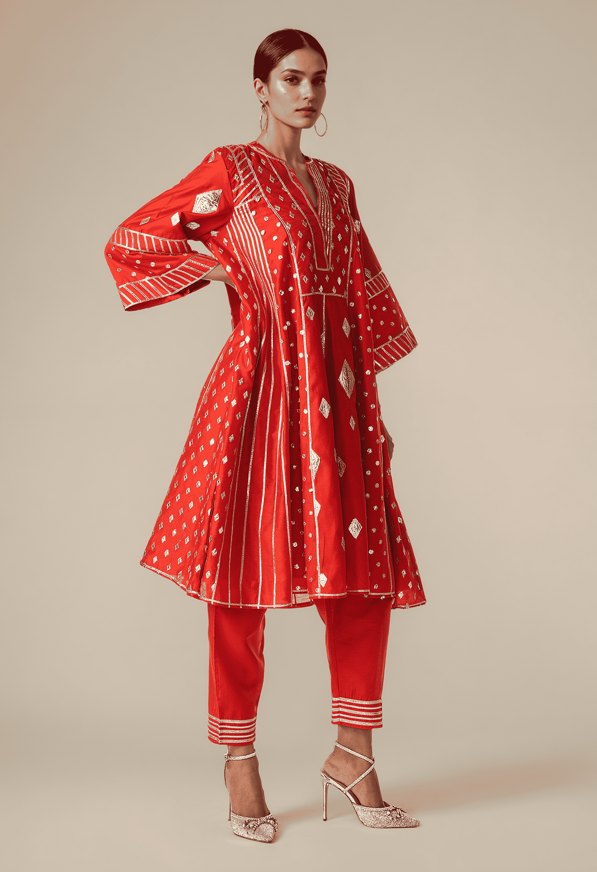 Red Gathered Kurta Set