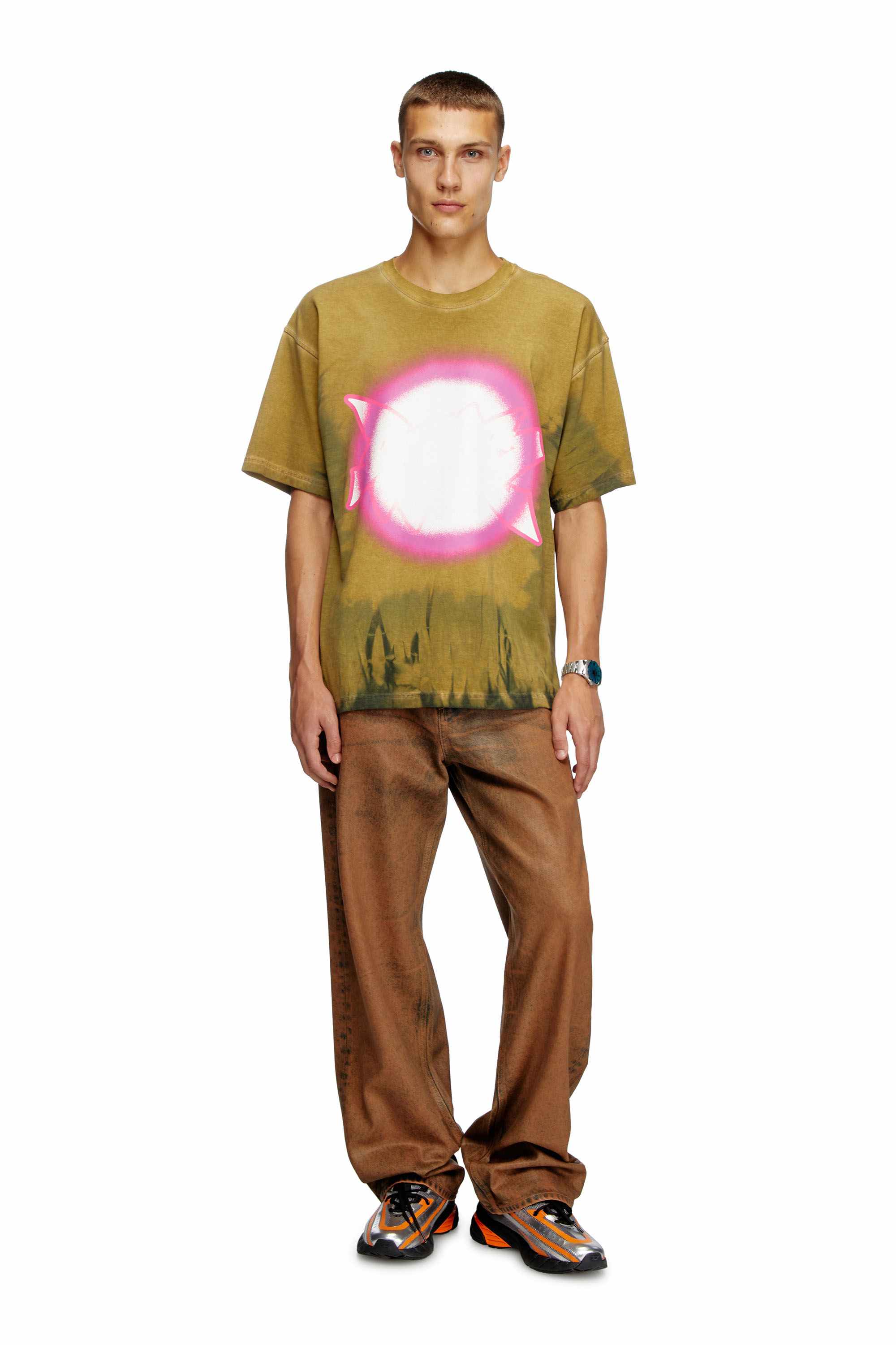 Brown Tie-dye T-shirt with spotlight print