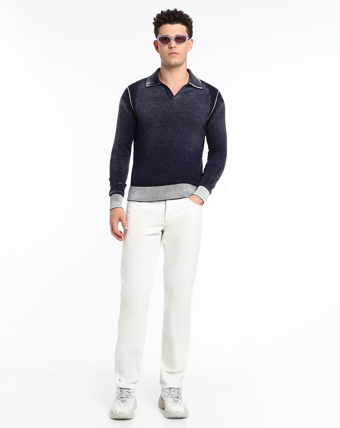 Blue Reverse-print polo jumper